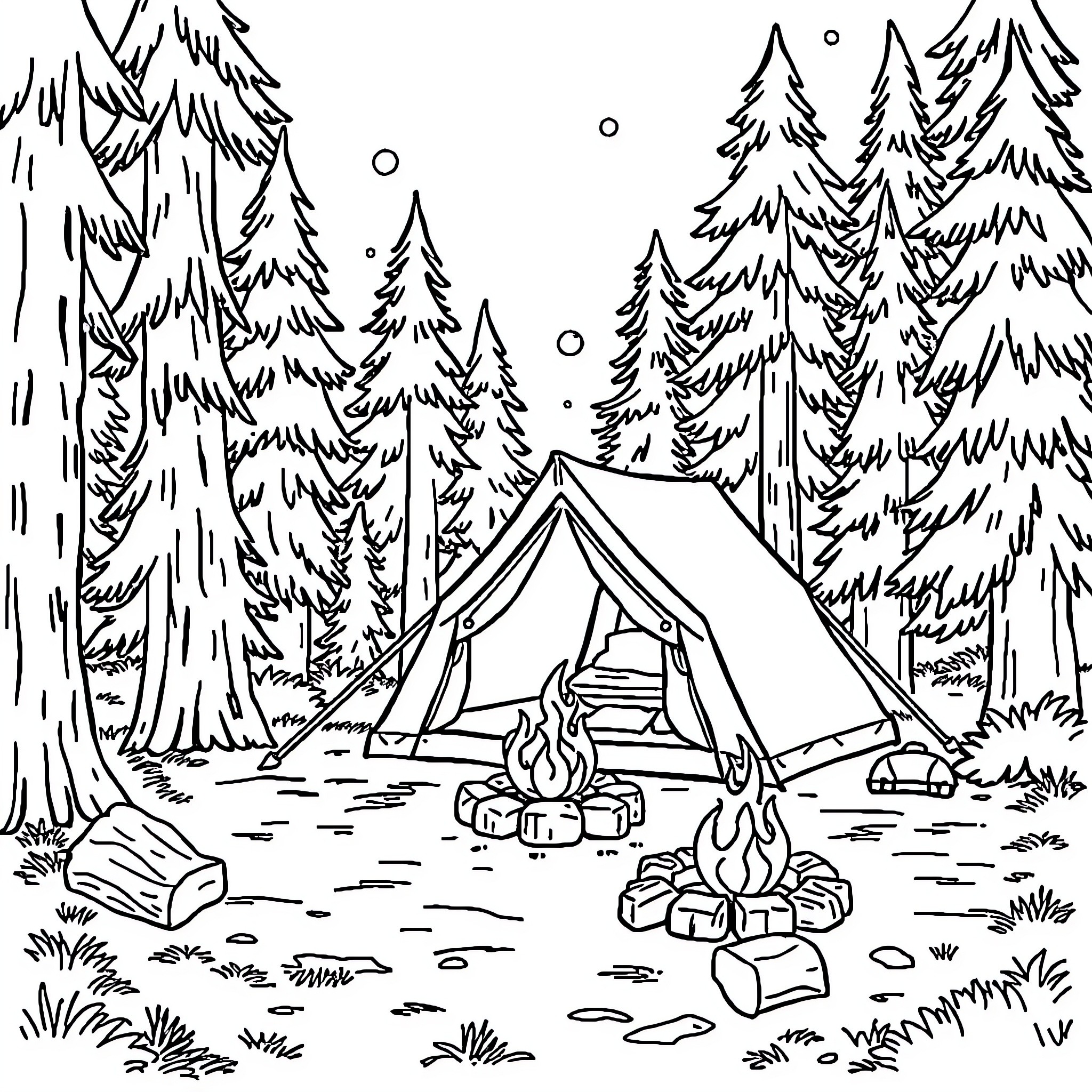 Camping in the serene forest with a cozy tent Coloring Page (free black-and-white line drawing printable PDF for all, from beginners to advanced learners, including children, teens, adults, and seniors)
