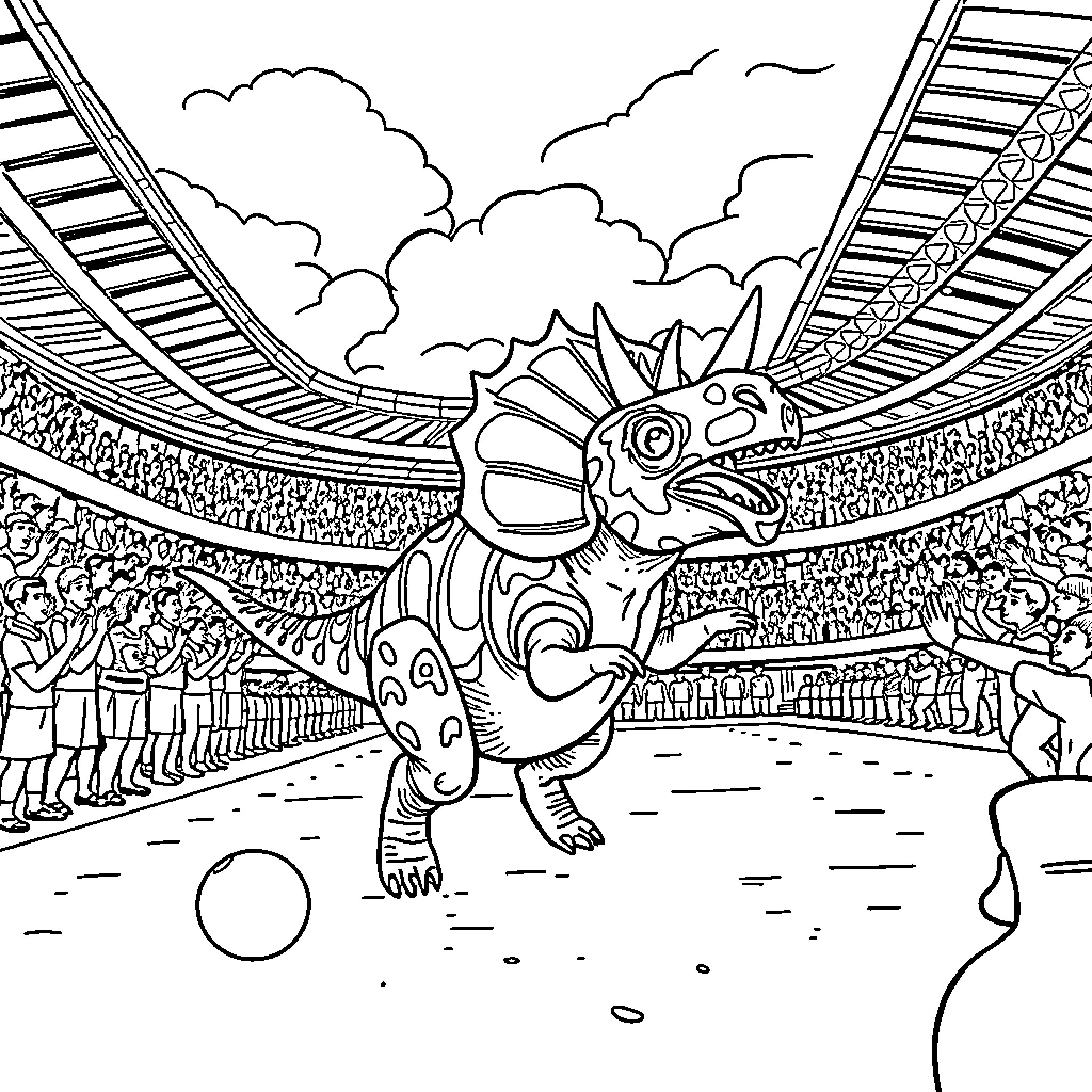 Triceratops playing in a dinosaur sports arena Coloring Page (free black-and-white line drawing printable PDF for all, from beginners to advanced learners, including children, teens, adults, and seniors)