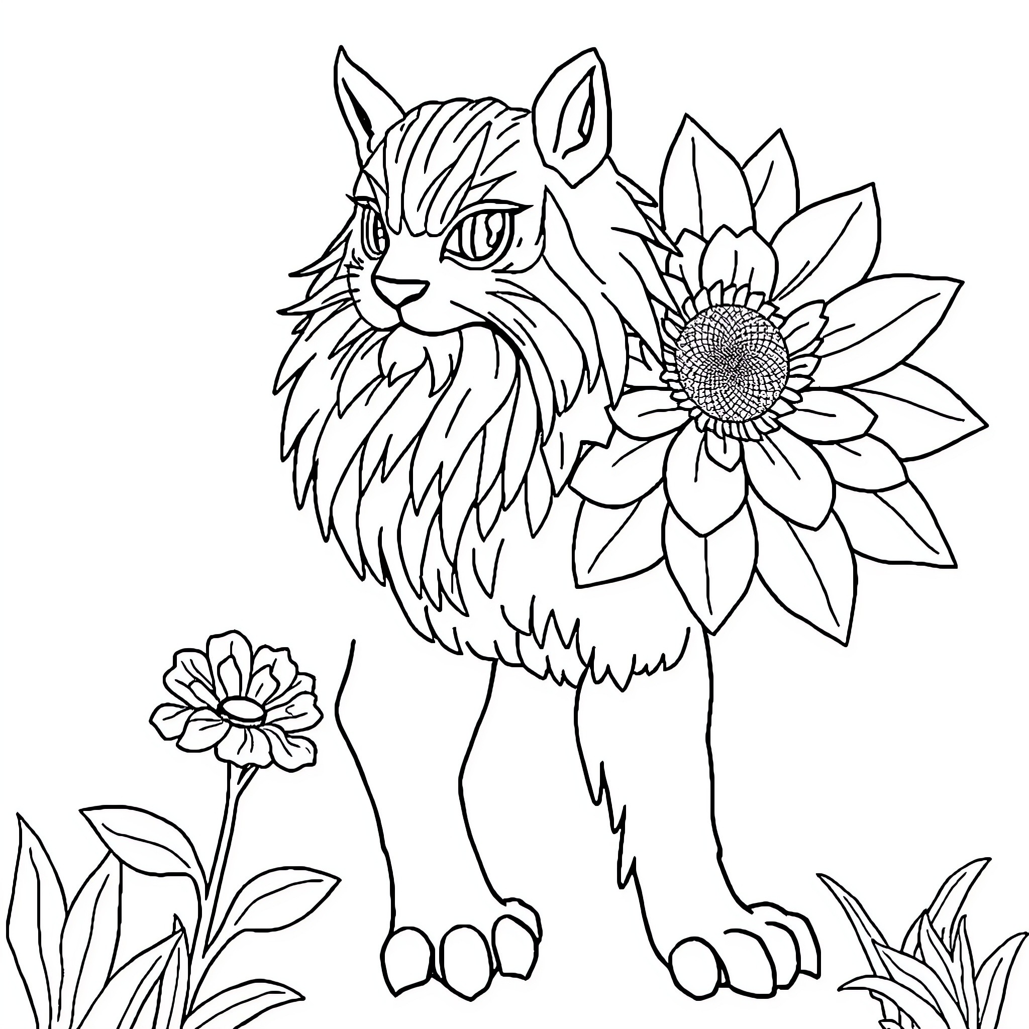 Generator Feline with Floral Accents in Nature Coloring Page (free black-and-white line drawing printable PDF for all, from beginners to advanced learners, including children, teens, adults, and seniors)