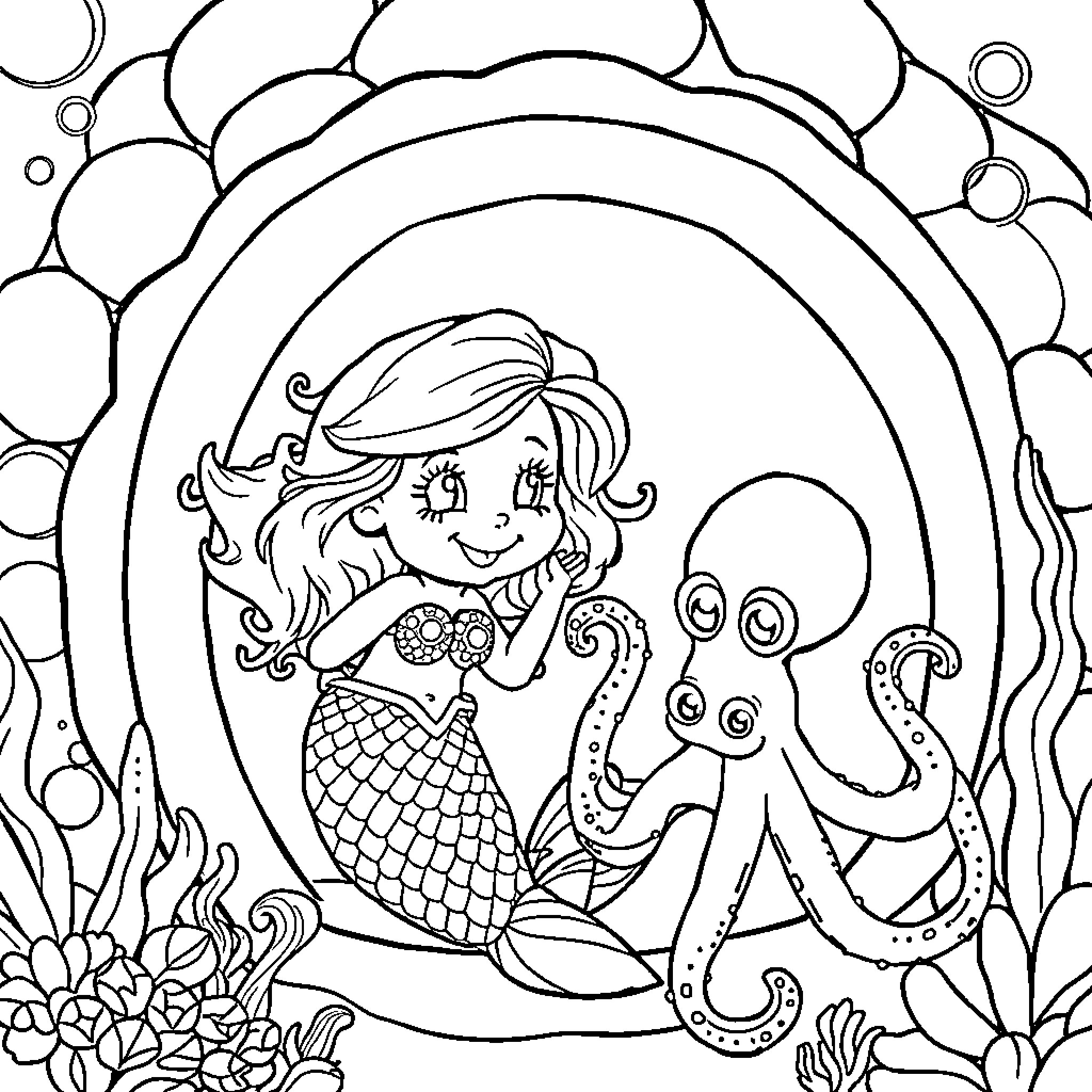 Mermaid exploring the underwater world Coloring Page (free black-and-white line drawing printable PDF for all, from beginners to advanced learners, including children, teens, adults, and seniors)