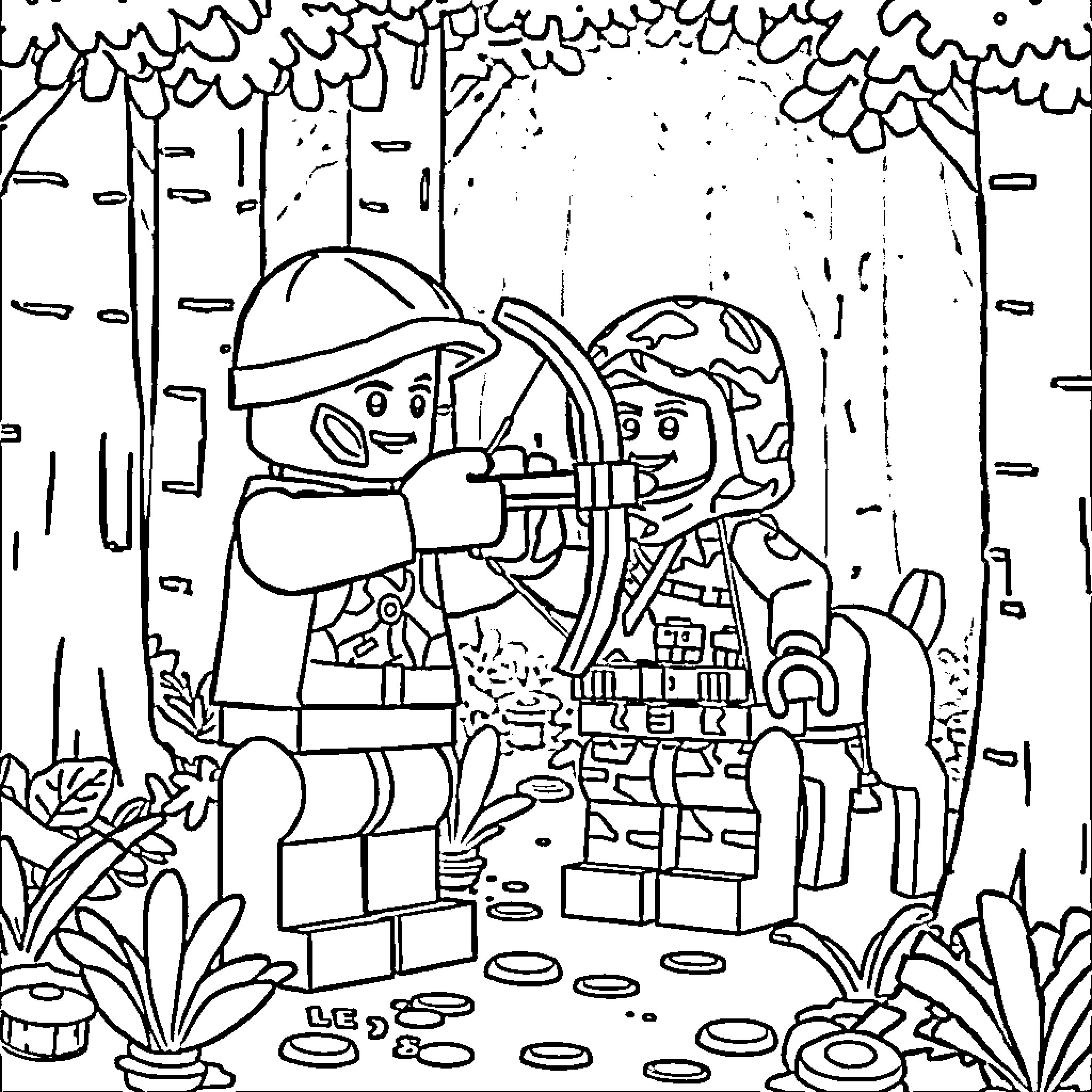 Lego Guy Exploring the Wilderness with a Companion Coloring Page (free black-and-white line drawing printable PDF for all, from beginners to advanced learners, including children, teens, adults, and seniors)
