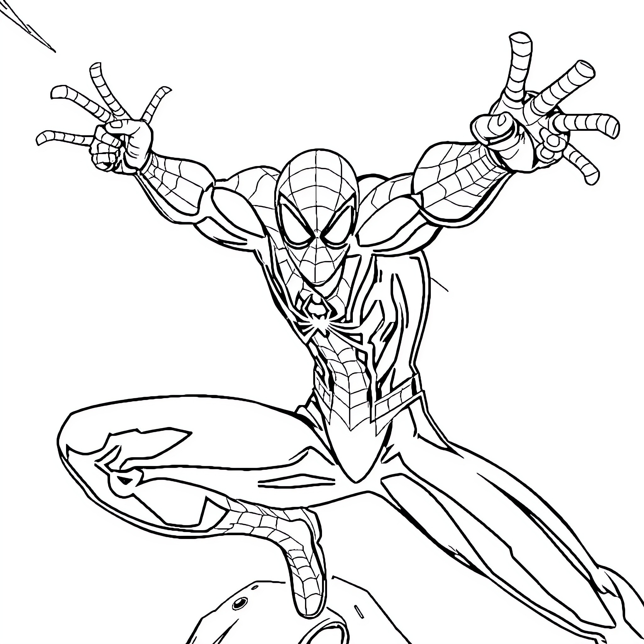 Spiderman swinging into action with web-slinging prowess Coloring Page (free black-and-white line drawing printable PDF for all, from beginners to advanced learners, including children, teens, adults, and seniors)