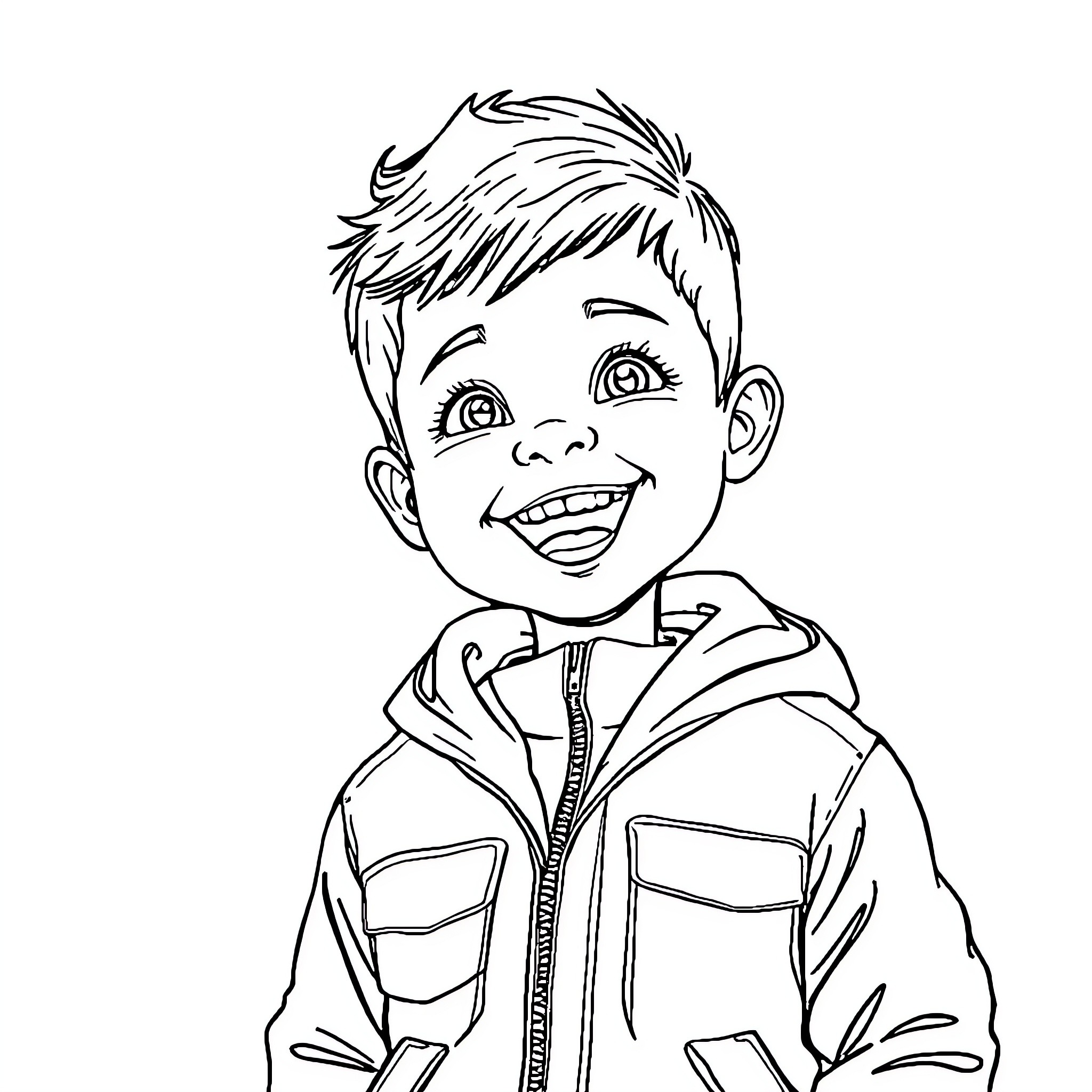 Kid smiling cheerfully in winter attire Coloring Page (free black-and-white line drawing printable PDF for all, from beginners to advanced learners, including children, teens, adults, and seniors)