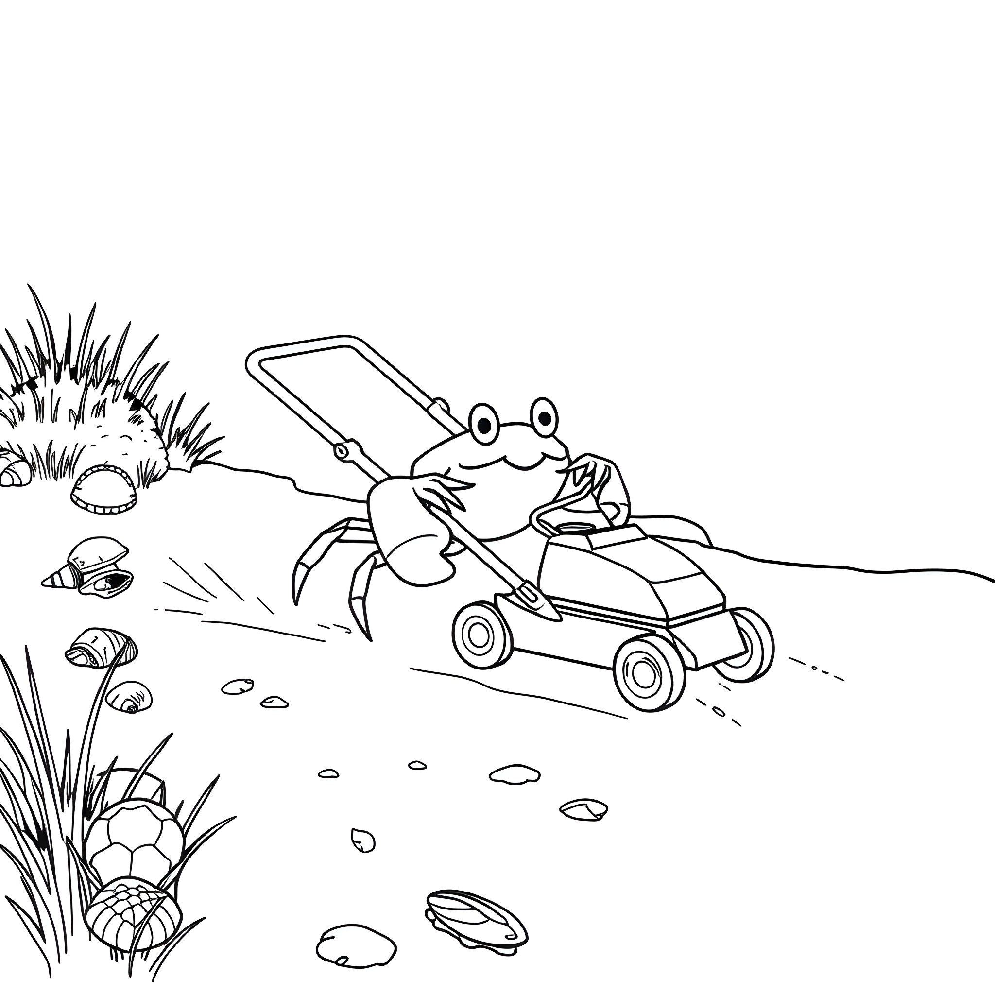 Crab riding a lawn mower on the beach Coloring Page (free black-and-white line drawing printable PDF for all, from beginners to advanced learners, including children, teens, adults, and seniors)