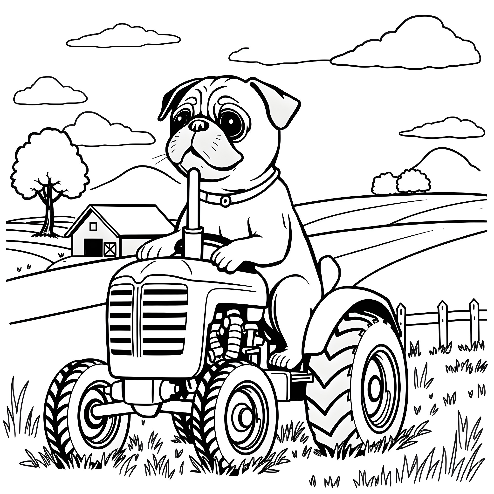 Pug Driving Tractor on the Farm Coloring Page (free black-and-white line drawing printable PDF for all, from beginners to advanced learners, including children, teens, adults, and seniors)