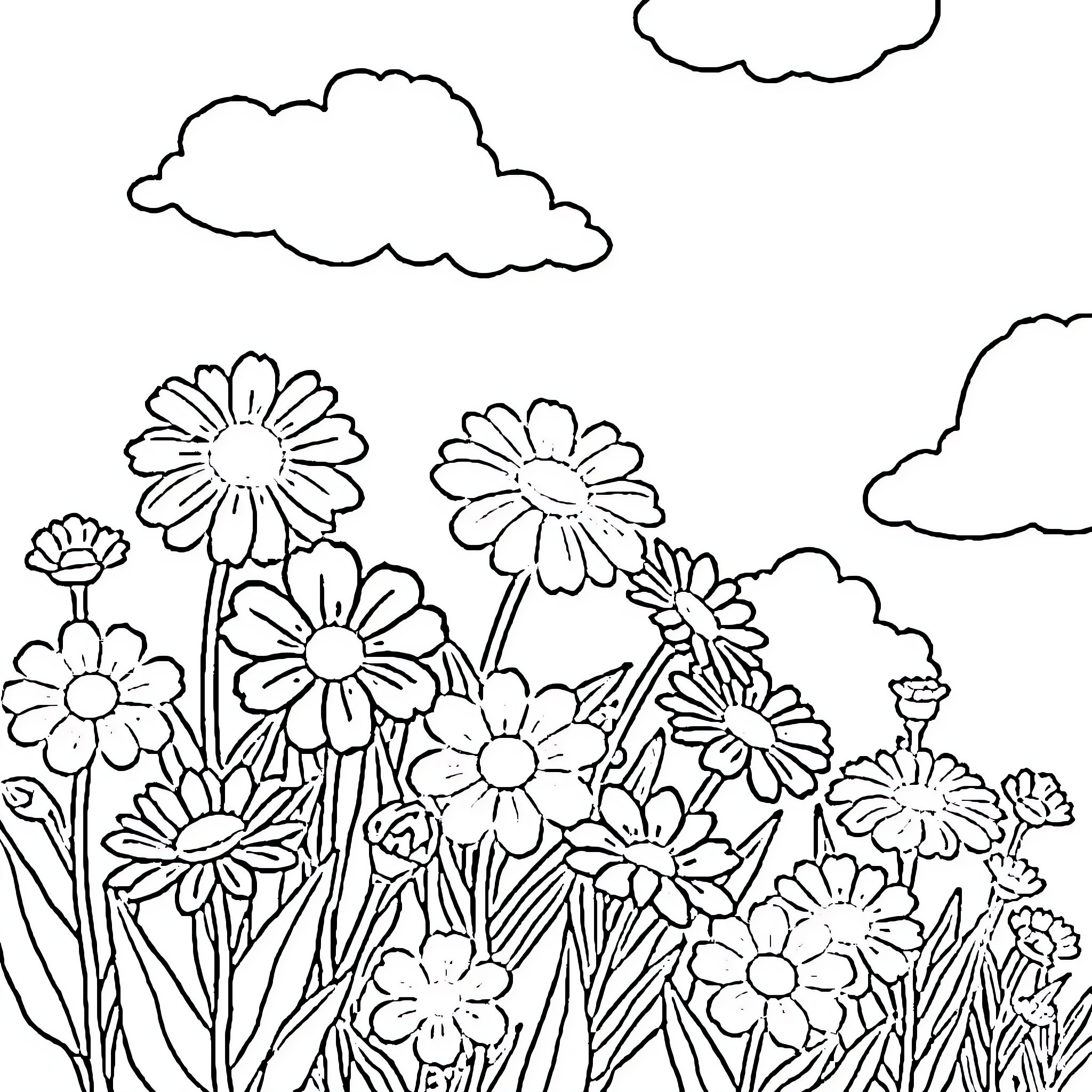 Flower field with blooming daisies under cloudy sky Coloring Page (free black-and-white line drawing printable PDF for all, from beginners to advanced learners, including children, teens, adults, and seniors)