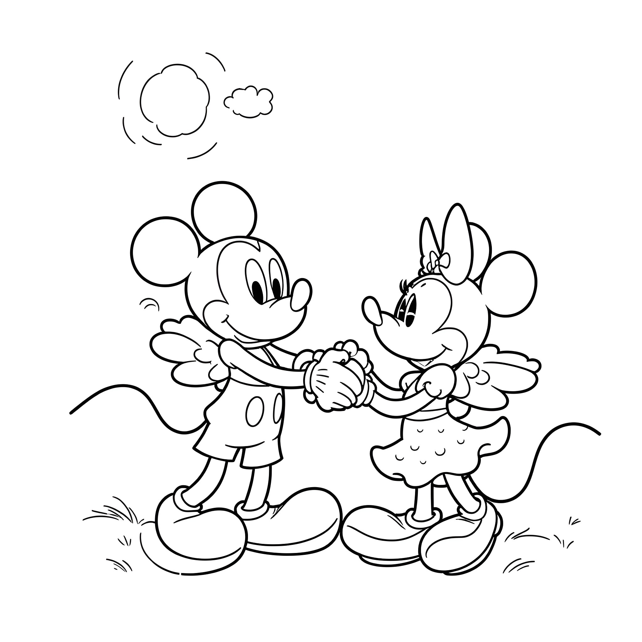 Mickey and Minnie's Playful Embrace Coloring Page (free black-and-white line drawing printable PDF for all, from beginners to advanced learners, including children, teens, adults, and seniors)