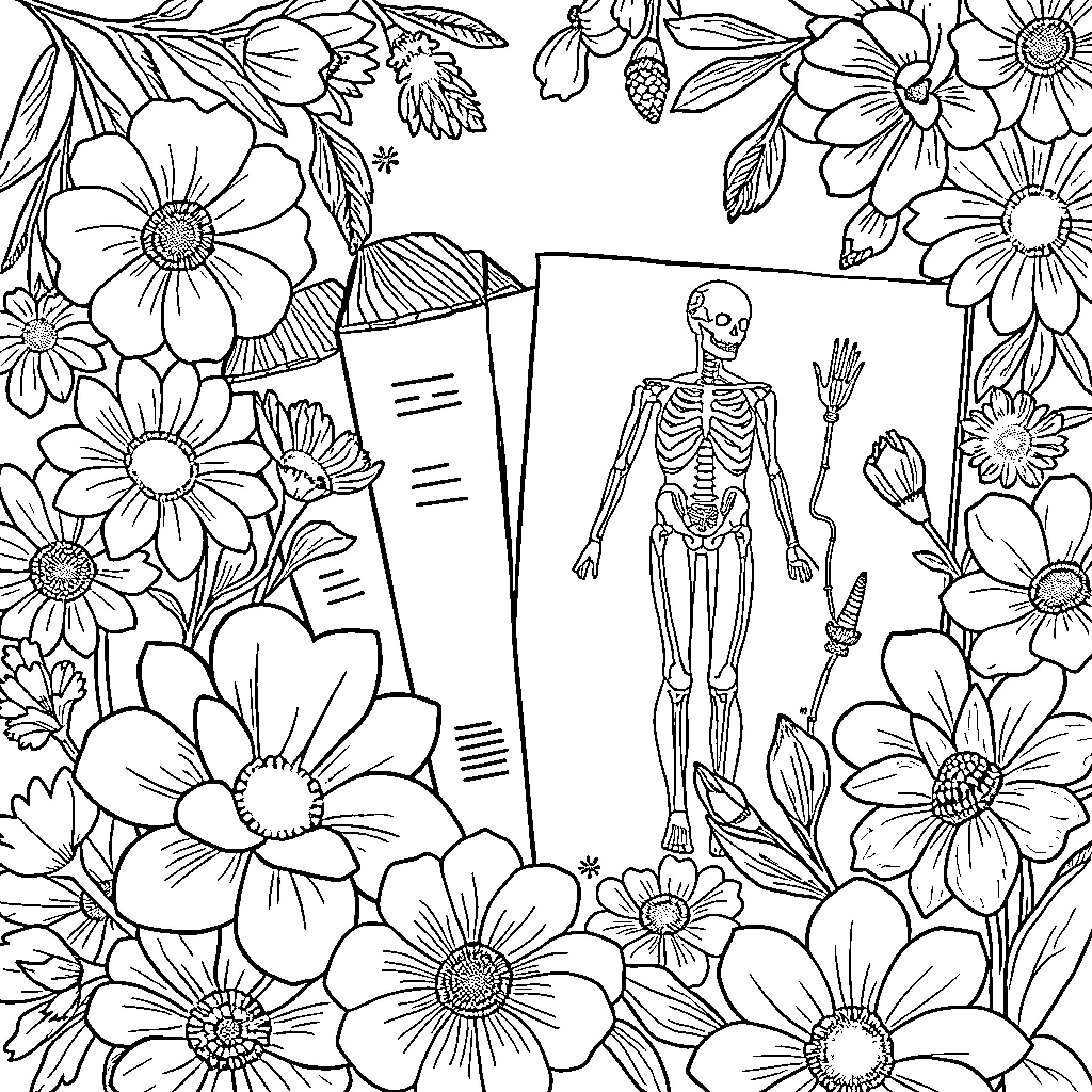 Anatomy of Flowers and Skeletal Structures Coloring Page (free black-and-white line drawing printable PDF for all, from beginners to advanced learners, including children, teens, adults, and seniors)