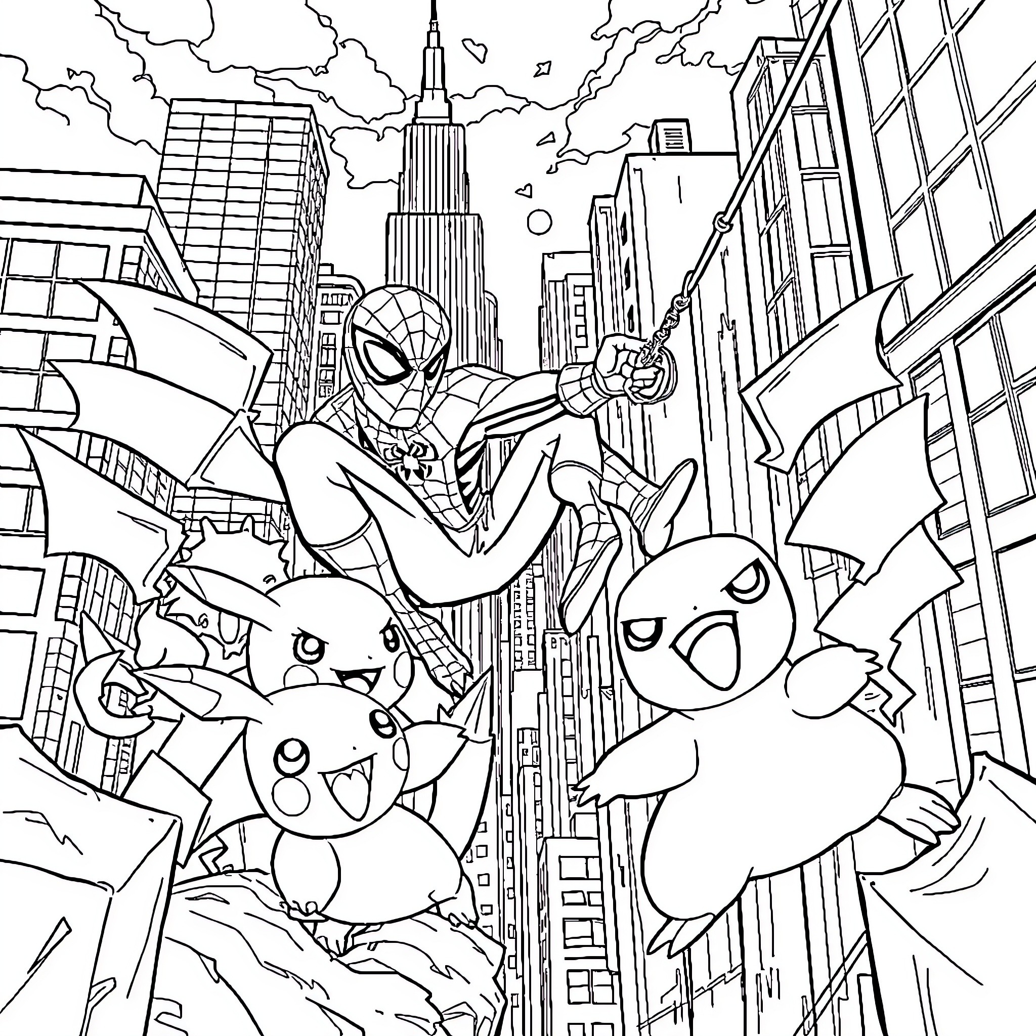 Pokémon Heroes Battling in the City Coloring Page (free black-and-white line drawing printable PDF for all, from beginners to advanced learners, including children, teens, adults, and seniors)
