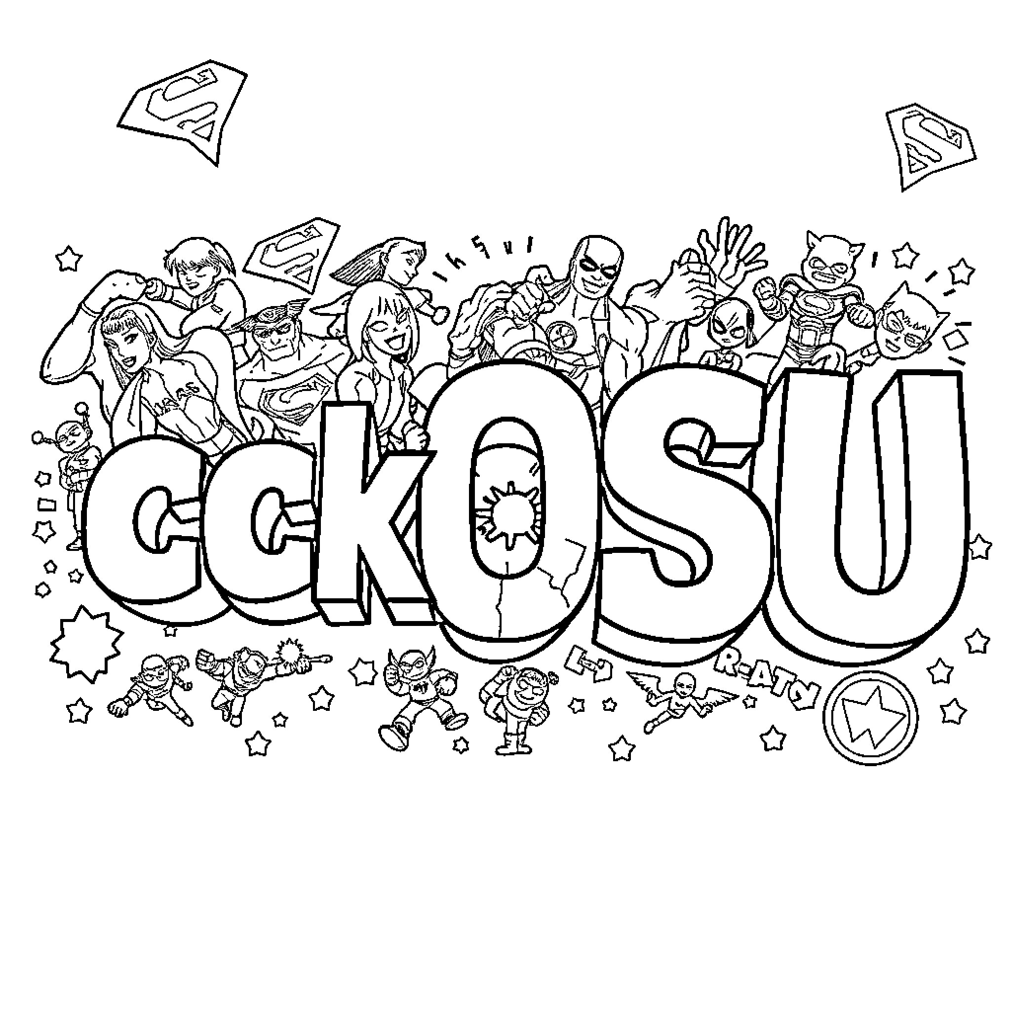 Superheroes in Action and Celebration Coloring Page (free black-and-white line drawing printable PDF for all, from beginners to advanced learners, including children, teens, adults, and seniors)