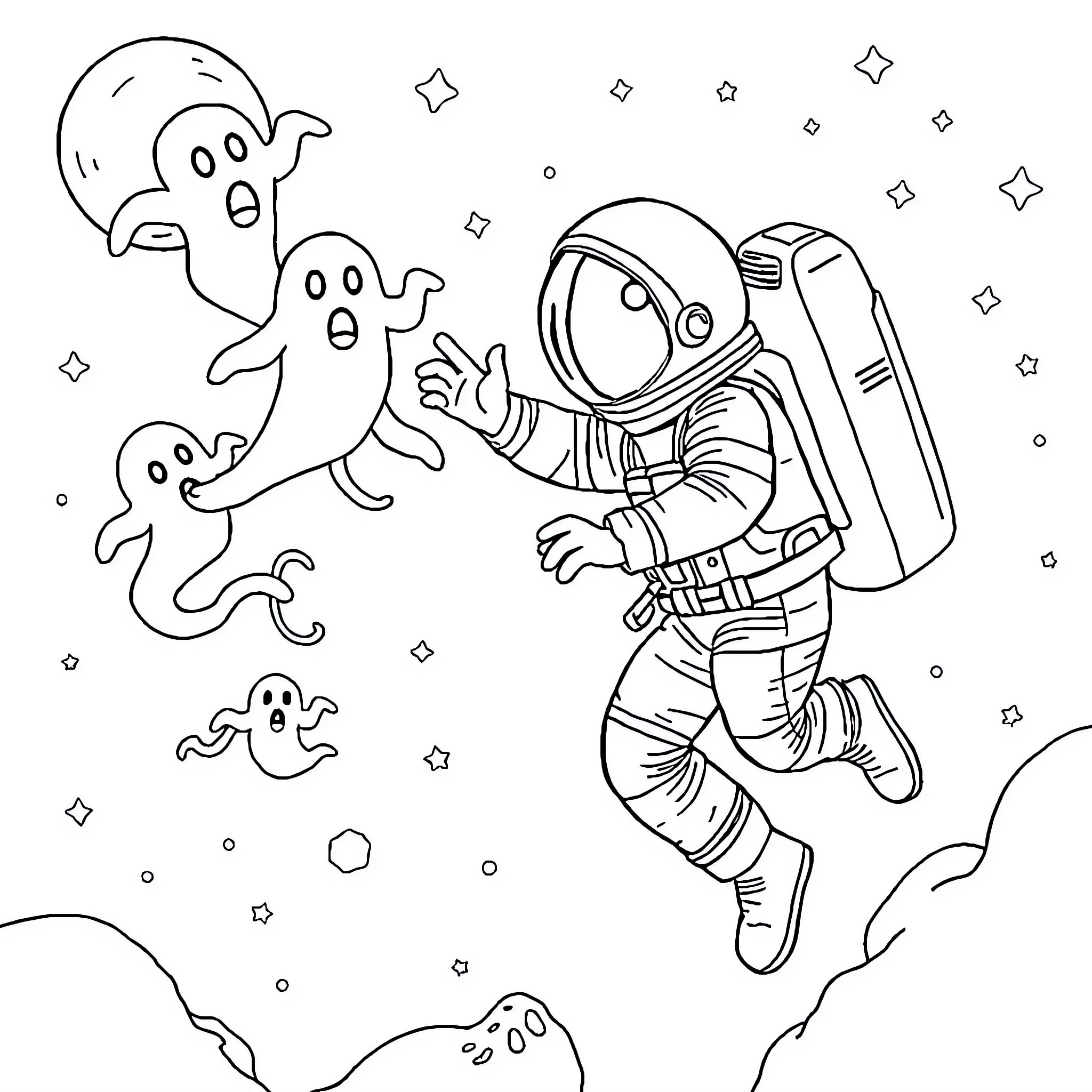 Astronaut exploring space with friendly ghosts Coloring Page (free black-and-white line drawing printable PDF for all, from beginners to advanced learners, including children, teens, adults, and seniors)