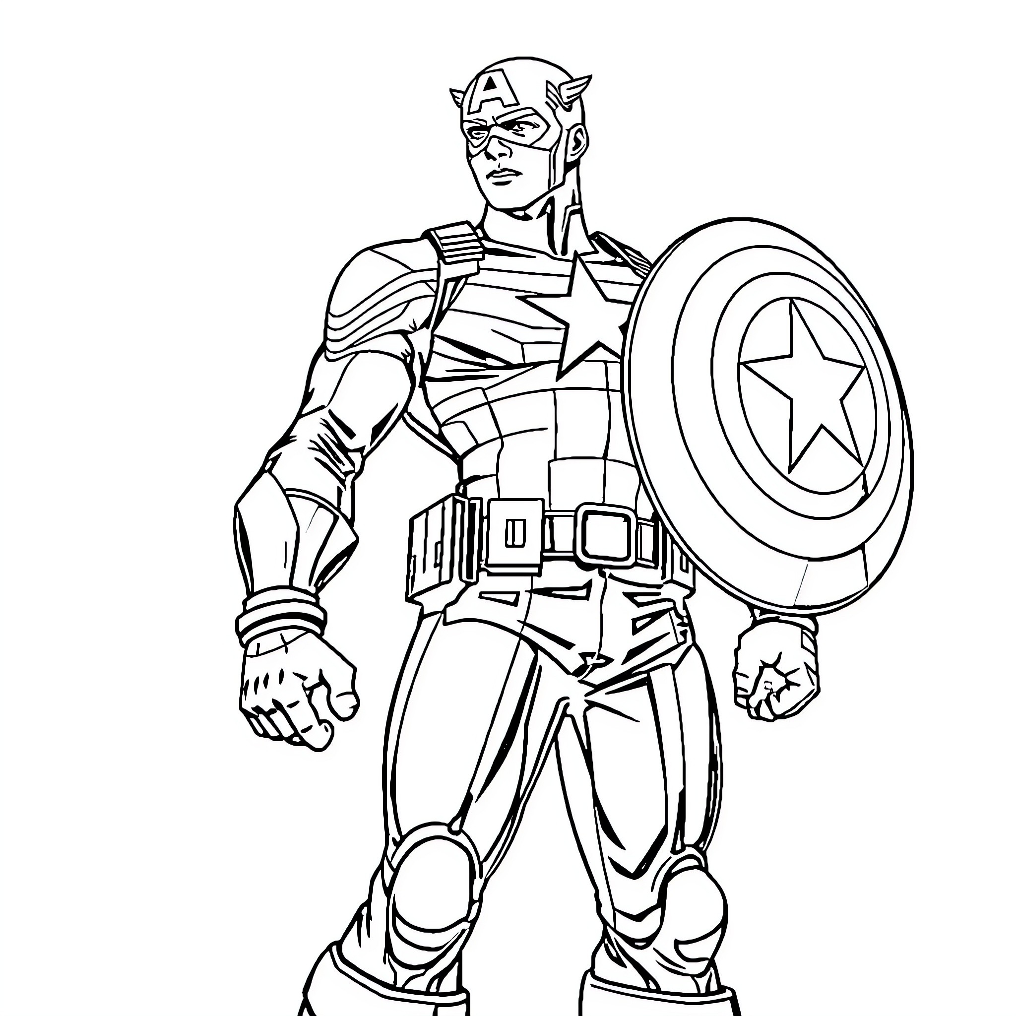 Captain America Standing Tall in Heroic Attire Coloring Page (free black-and-white line drawing printable PDF for all, from beginners to advanced learners, including children, teens, adults, and seniors)