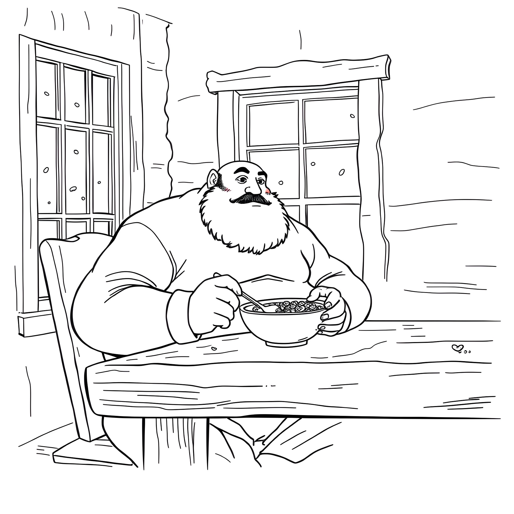 Man sitting at a table and enjoying a meal Coloring Page (free black-and-white line drawing printable PDF for all, from beginners to advanced learners, including children, teens, adults, and seniors)
