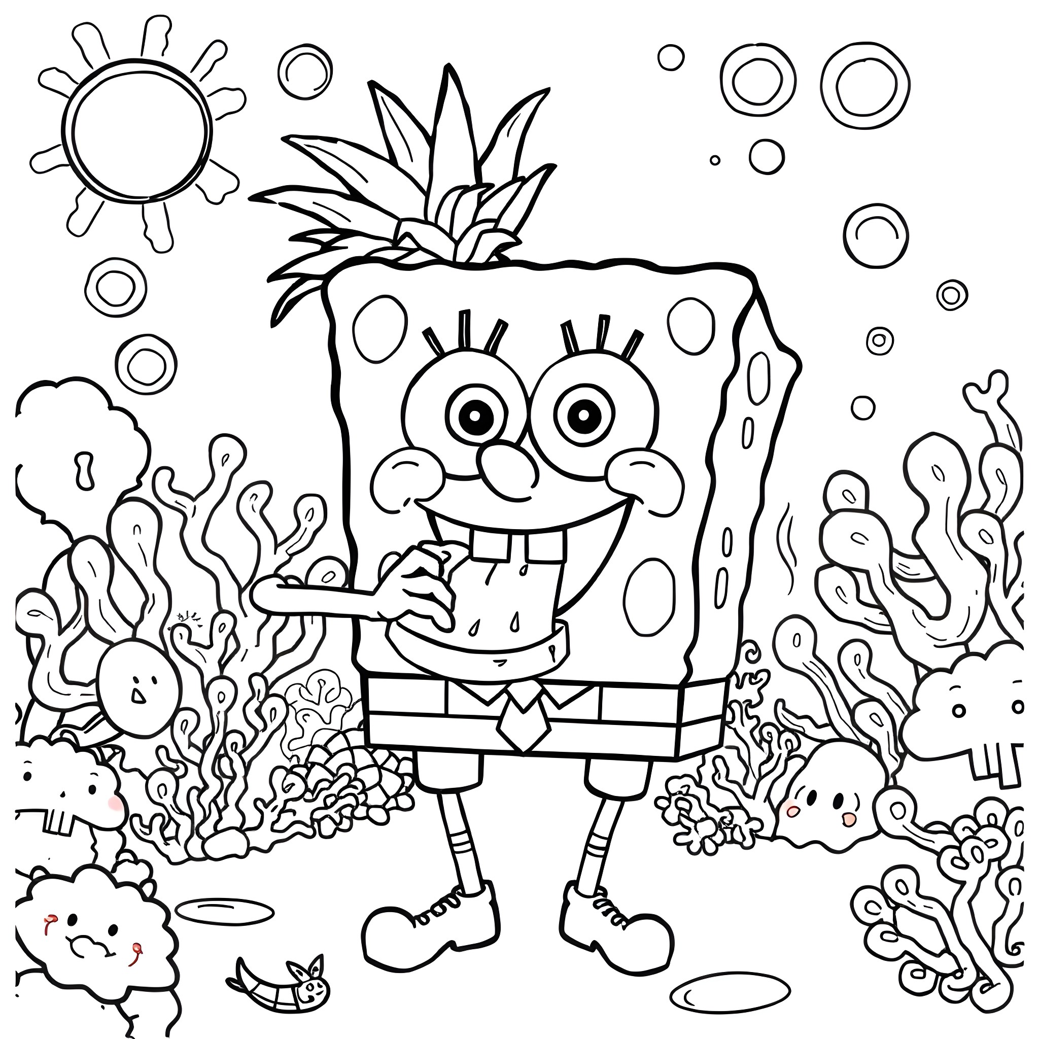 Spongebob exploring the underwater world Coloring Page (free black-and-white line drawing printable PDF for all, from beginners to advanced learners, including children, teens, adults, and seniors)