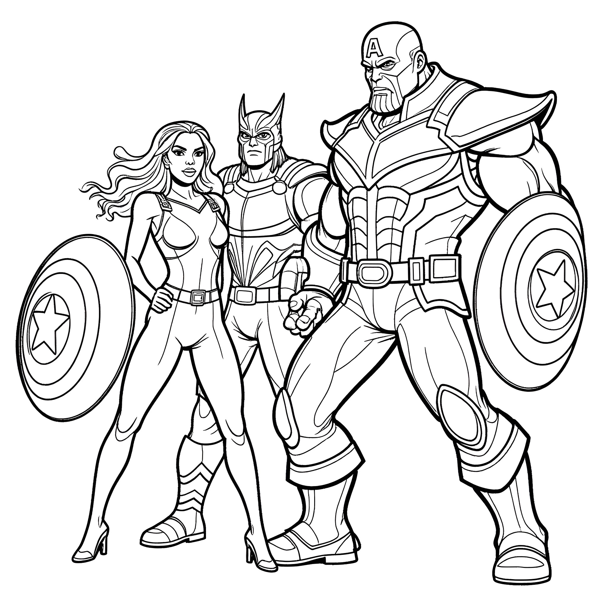 Superhero team in action poses Coloring Page (free black-and-white line drawing printable PDF for all, from beginners to advanced learners, including children, teens, adults, and seniors)
