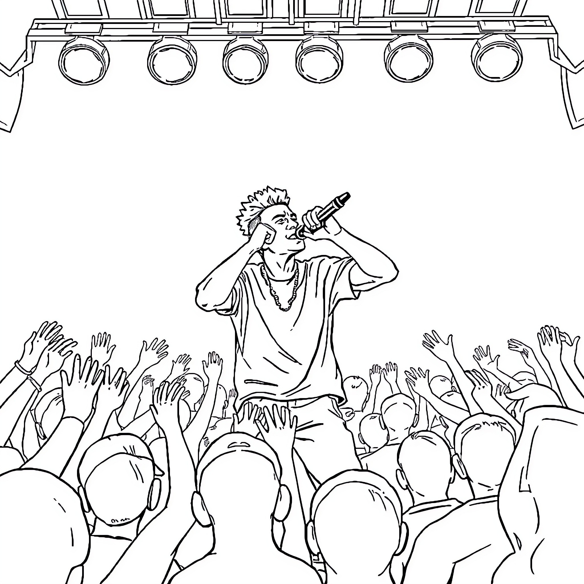 Cr7 Performer on Stage with Cheering Crowd Coloring Page (free black-and-white line drawing printable PDF for all, from beginners to advanced learners, including children, teens, adults, and seniors)
