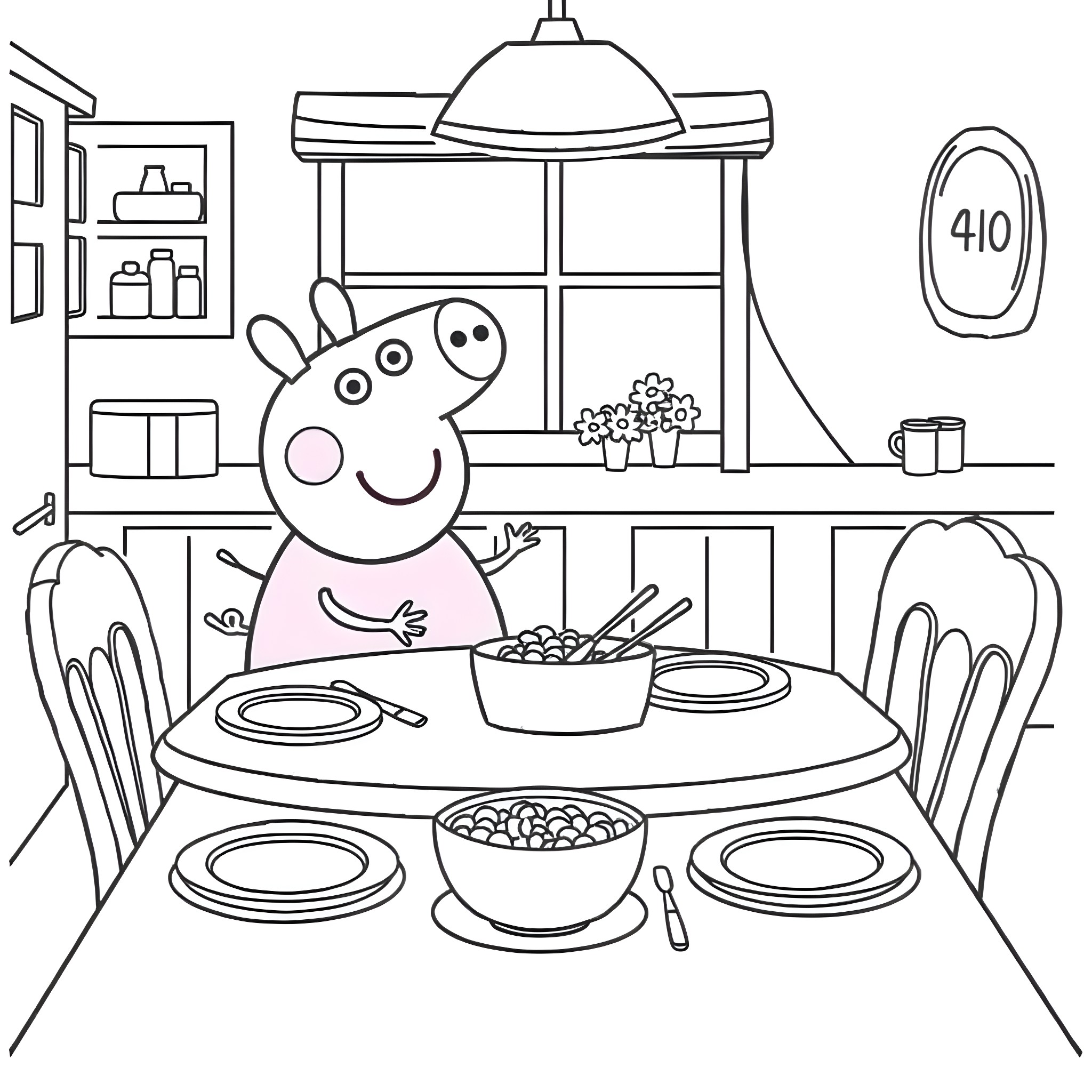Peppa Pig enjoying a meal with her family Coloring Page (free black-and-white line drawing printable PDF for all, from beginners to advanced learners, including children, teens, adults, and seniors)