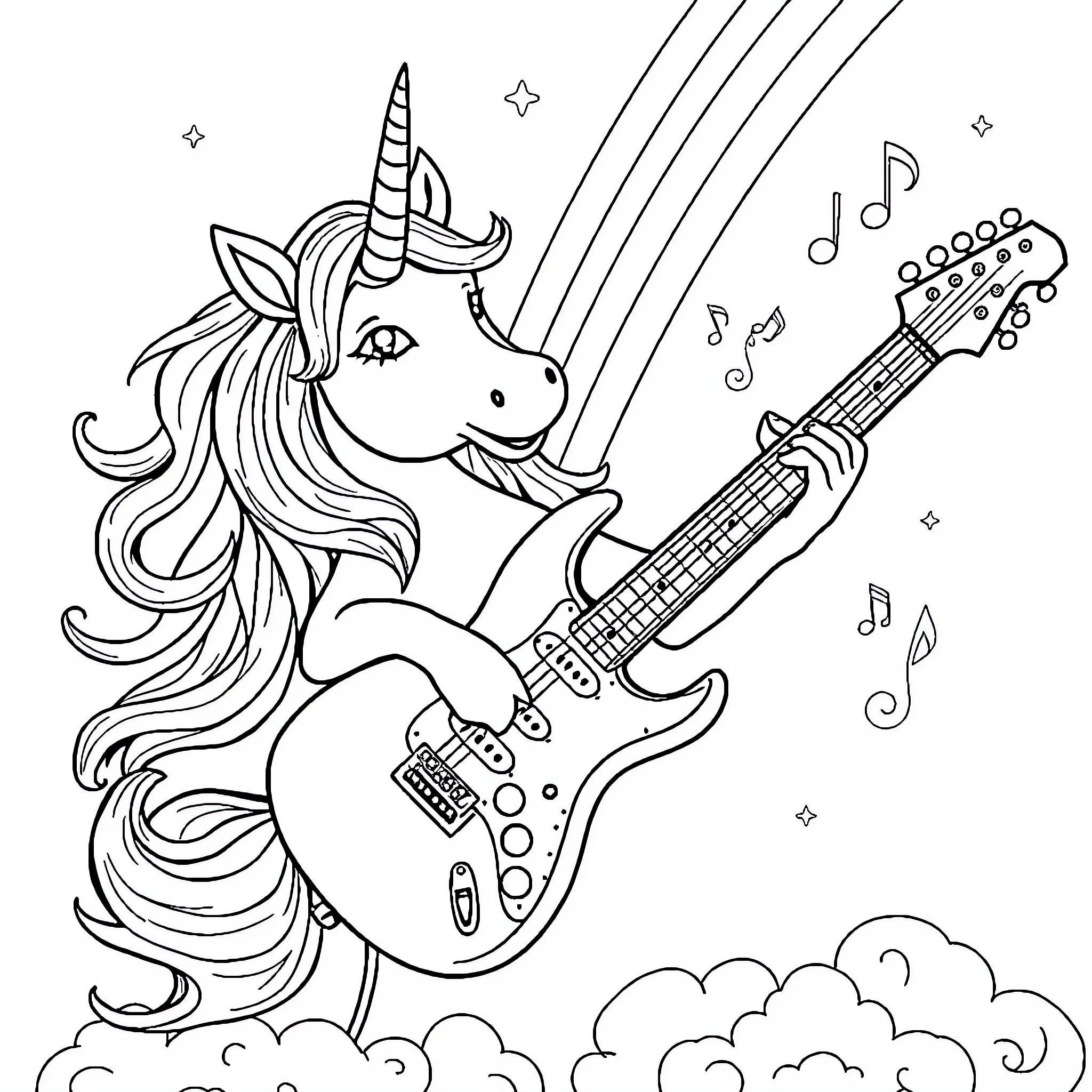 Unicorn playing electric guitar in the clouds Coloring Page (free black-and-white line drawing printable PDF for all, from beginners to advanced learners, including children, teens, adults, and seniors)