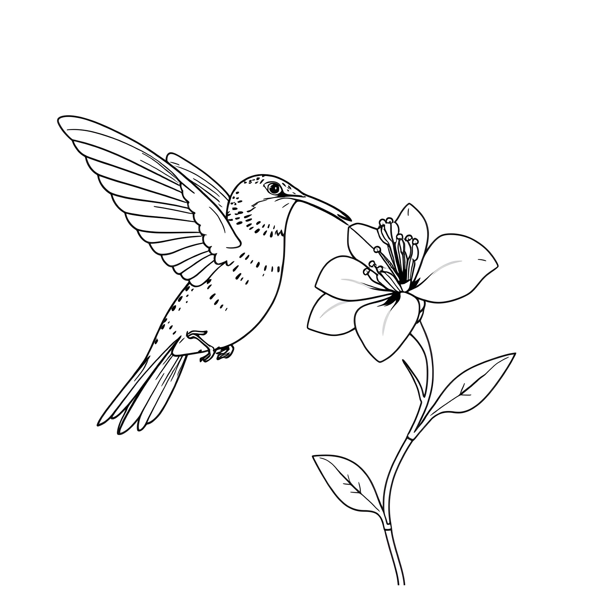 Hummingbird hovering near a blooming flower Coloring Page (free black-and-white line drawing printable PDF for all, from beginners to advanced learners, including children, teens, adults, and seniors)
