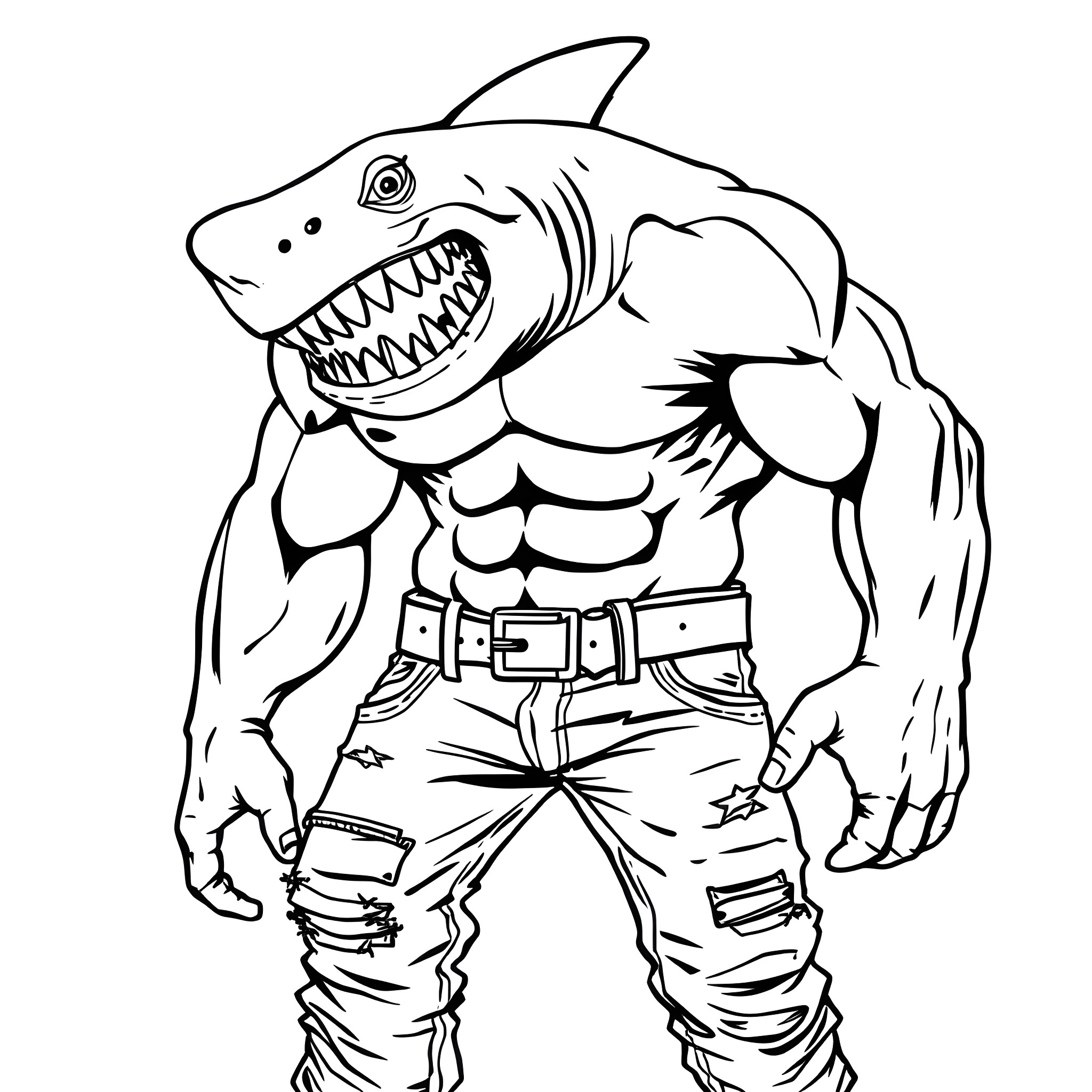 Shark-themed muscular warrior in combat gear Coloring Page (free black-and-white line drawing printable PDF for all, from beginners to advanced learners, including children, teens, adults, and seniors)