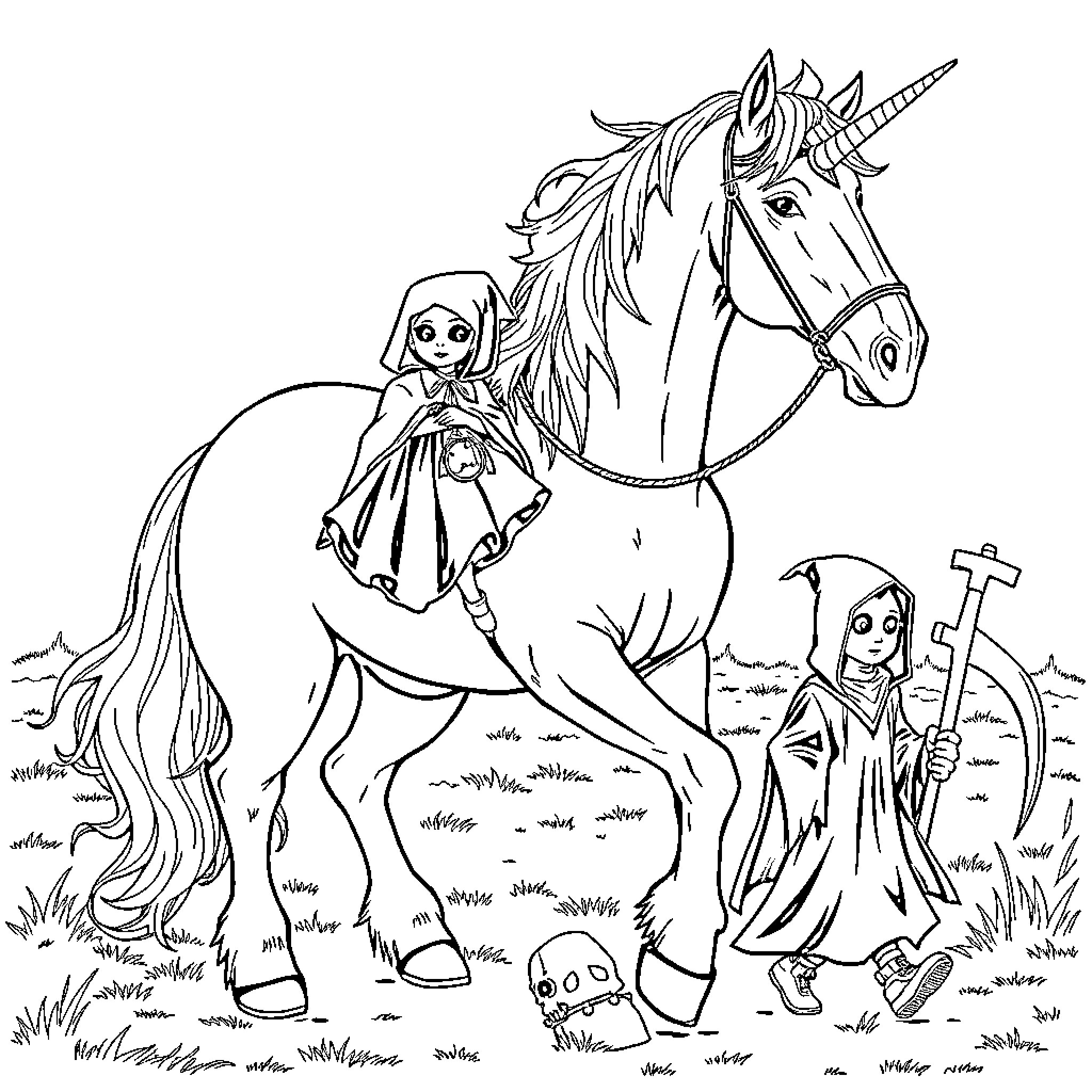 Unicorn and Cloaked Figures in Enchanted Landscape Coloring Page (free black-and-white line drawing printable PDF for all, from beginners to advanced learners, including children, teens, adults, and seniors)