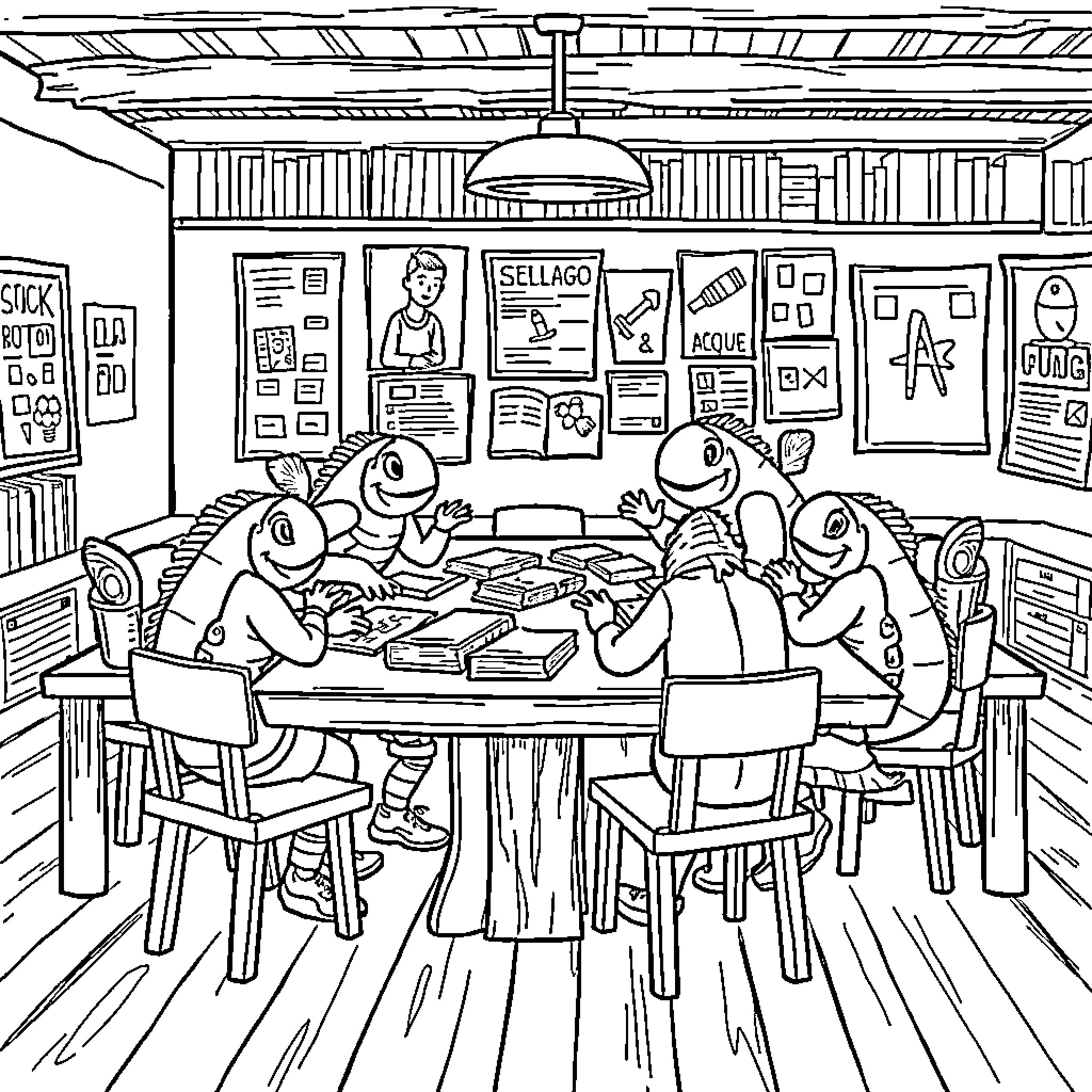 Salmon working together in the office Coloring Page (free black-and-white line drawing printable PDF for all, from beginners to advanced learners, including children, teens, adults, and seniors)