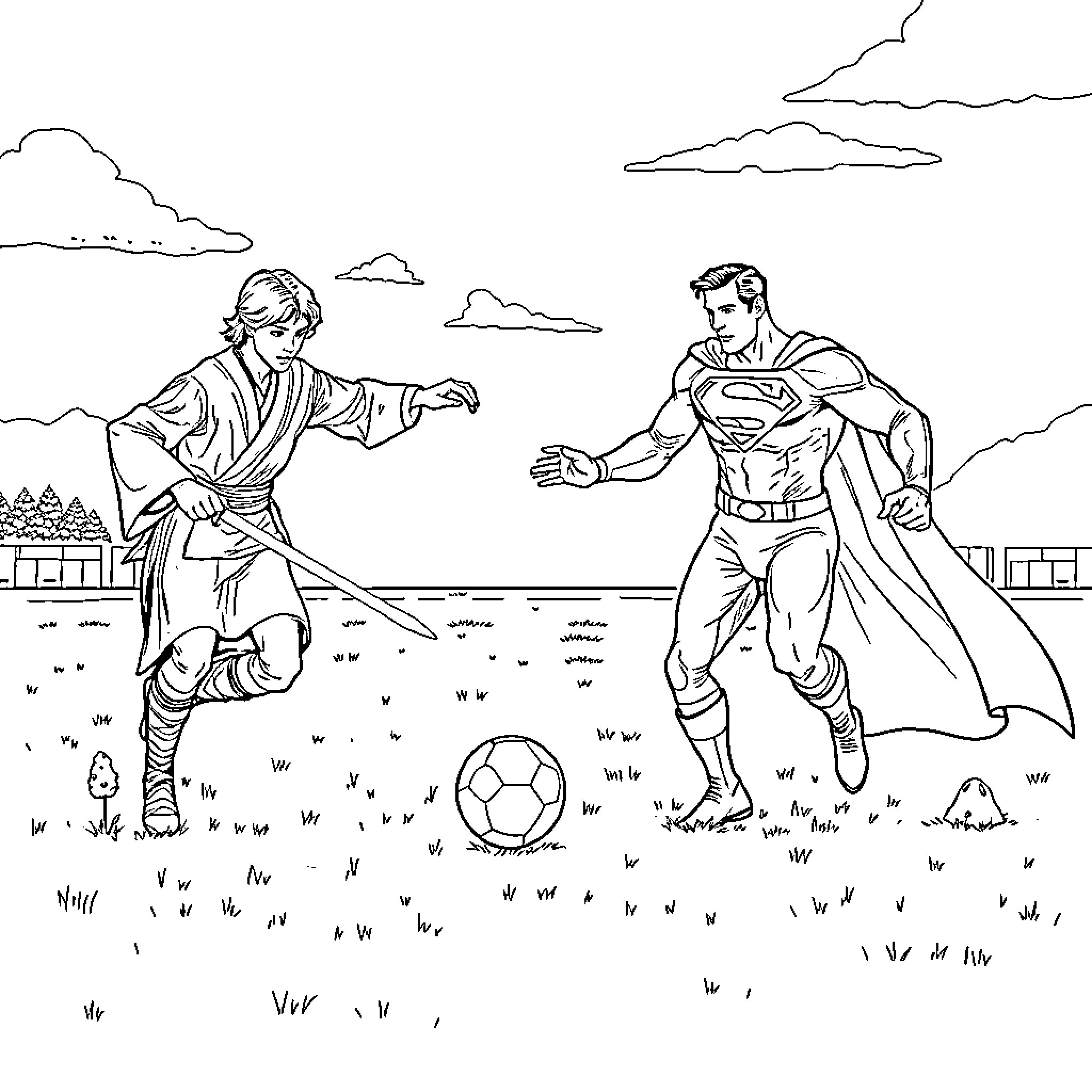 Anakin Skywalker and Superman engage in a friendly soccer match Coloring Page (free black-and-white line drawing printable PDF for all, from beginners to advanced learners, including children, teens, adults, and seniors)