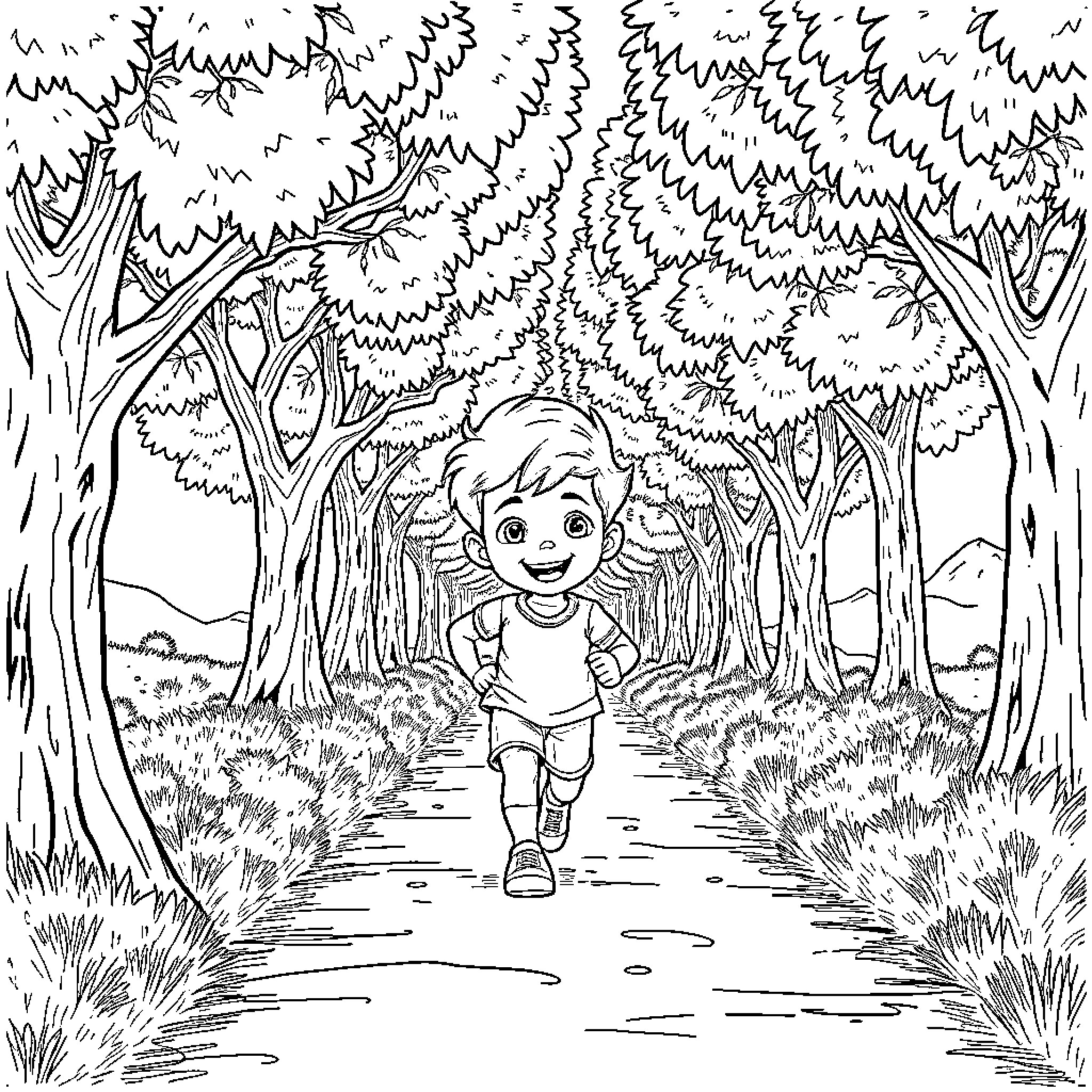 Niño exploring the lush forest trail Coloring Page (free black-and-white line drawing printable PDF for all, from beginners to advanced learners, including children, teens, adults, and seniors)