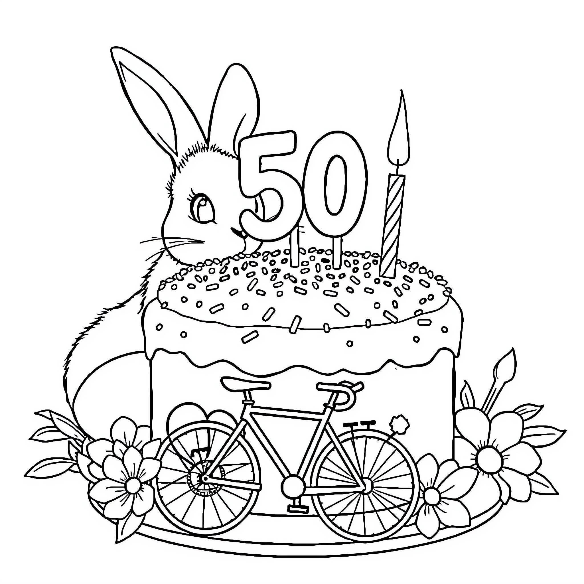 Birthday Cake Celebration with Bike and Flowers Coloring Page (free black-and-white line drawing printable PDF for all, from beginners to advanced learners, including children, teens, adults, and seniors)