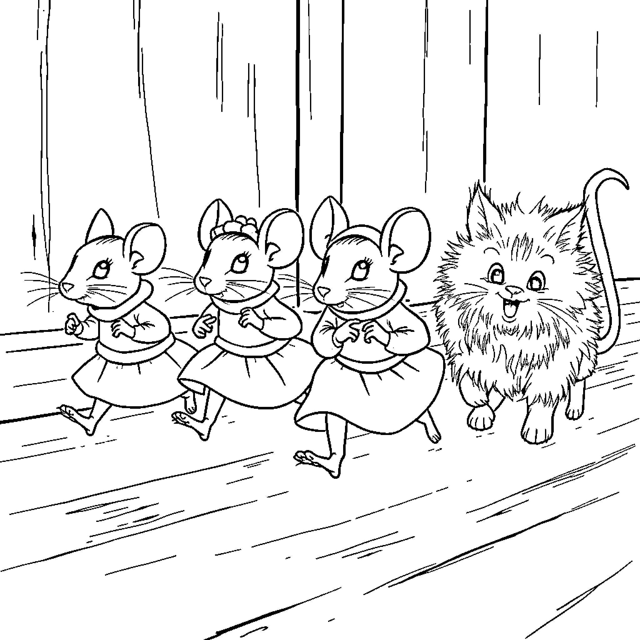 Mouse friends dancing and a fluffy cat observing Coloring Page (free black-and-white line drawing printable PDF for all, from beginners to advanced learners, including children, teens, adults, and seniors)