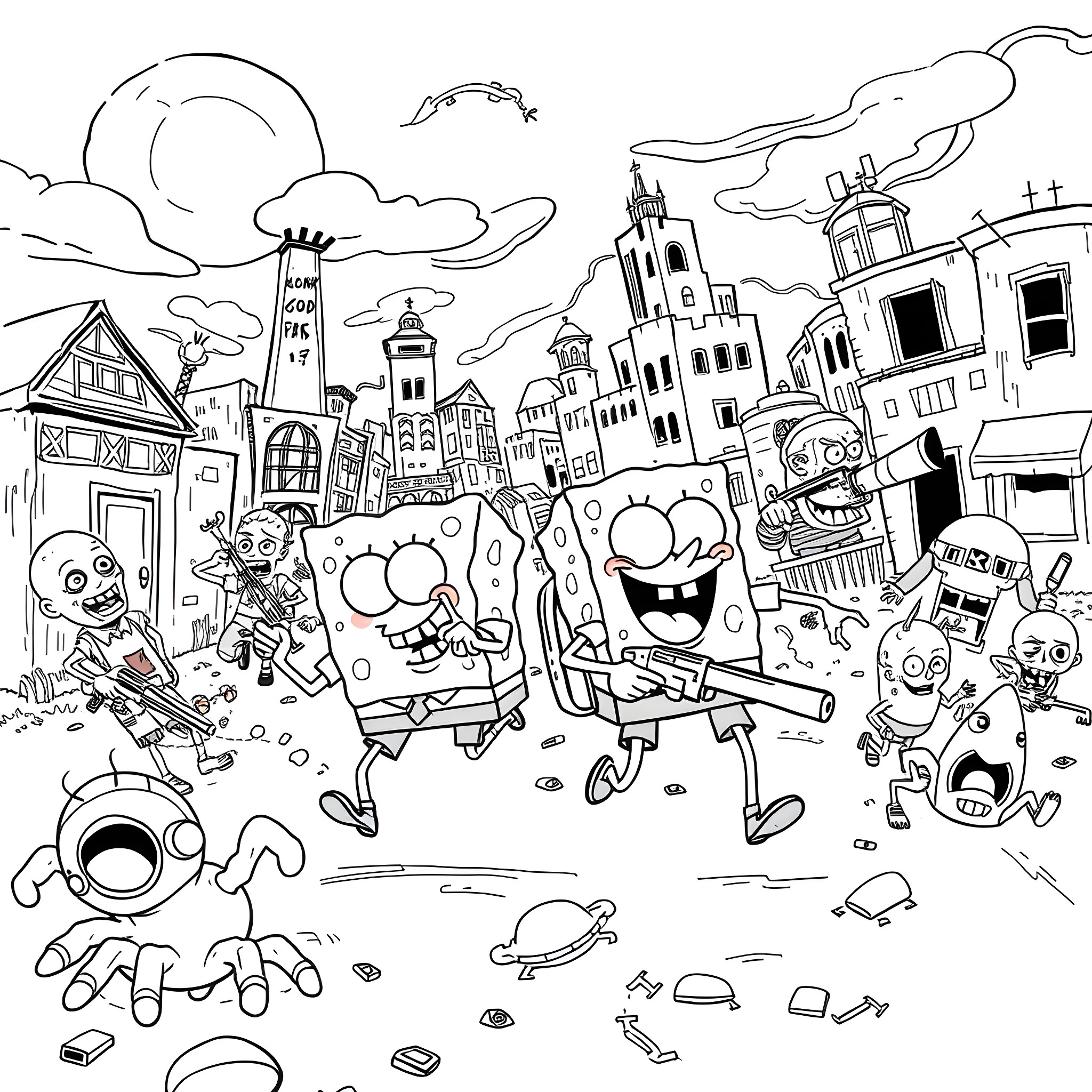 Spongebob and friends in a chaotic city scene Coloring Page (free black-and-white line drawing printable PDF for all, from beginners to advanced learners, including children, teens, adults, and seniors)