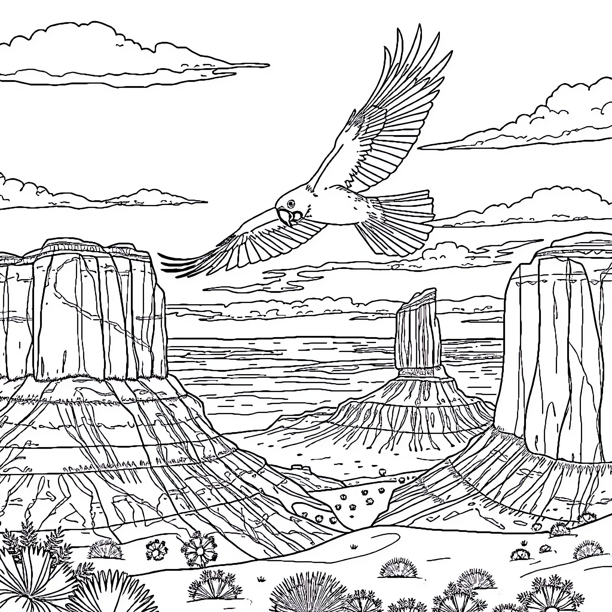 Macaw soaring over majestic desert landscape Coloring Page (free black-and-white line drawing printable PDF for all, from beginners to advanced learners, including children, teens, adults, and seniors)