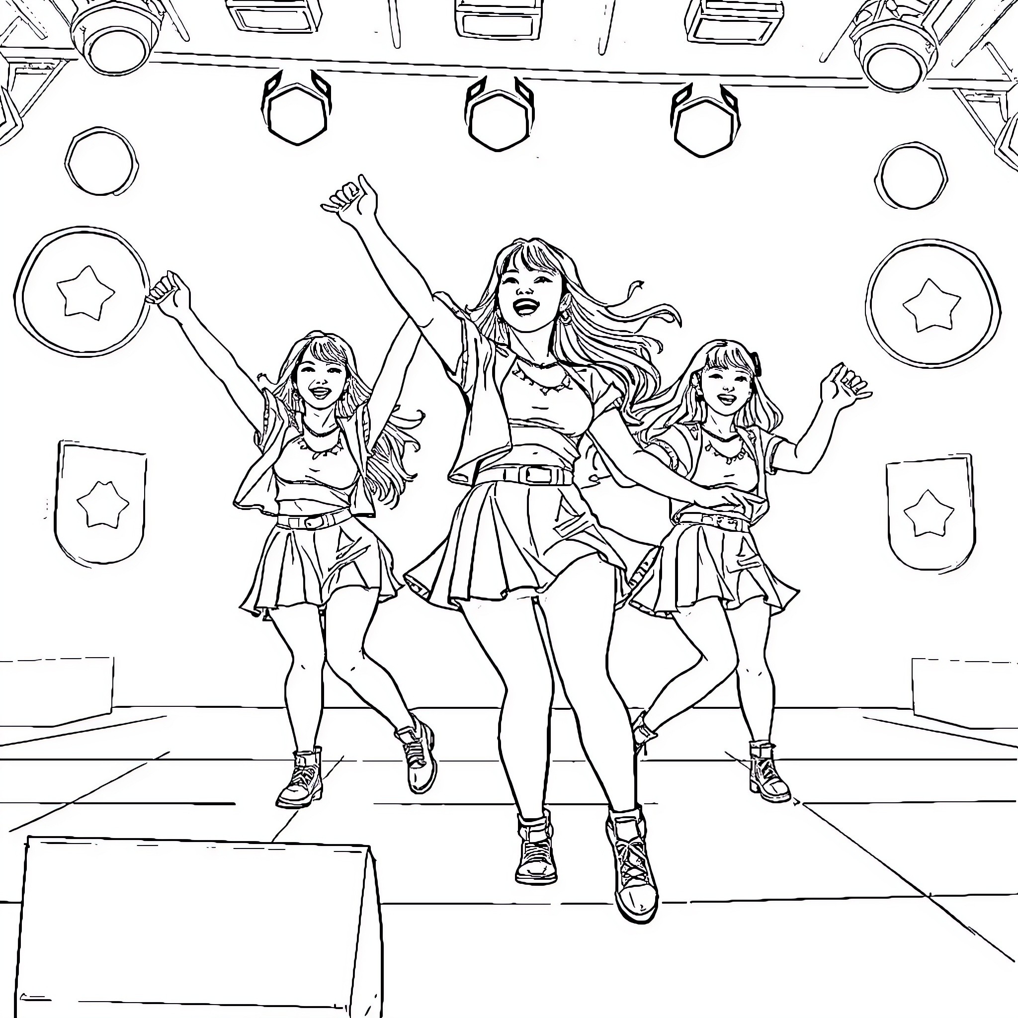 Rumi's Trio of Lively Performers on Stage Coloring Page (free black-and-white line drawing printable PDF for all, from beginners to advanced learners, including children, teens, adults, and seniors)