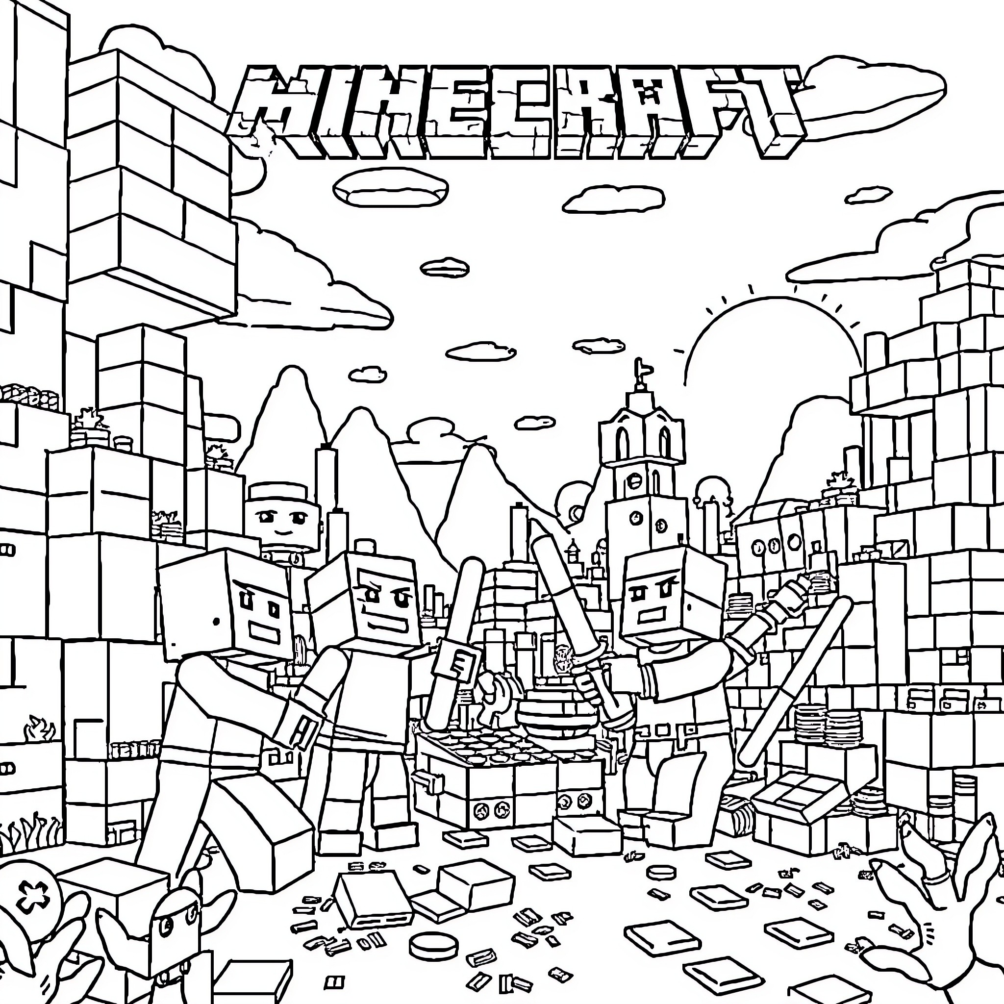 Minecraft exploring the vast, blocky landscape Coloring Page (free black-and-white line drawing printable PDF for all, from beginners to advanced learners, including children, teens, adults, and seniors)