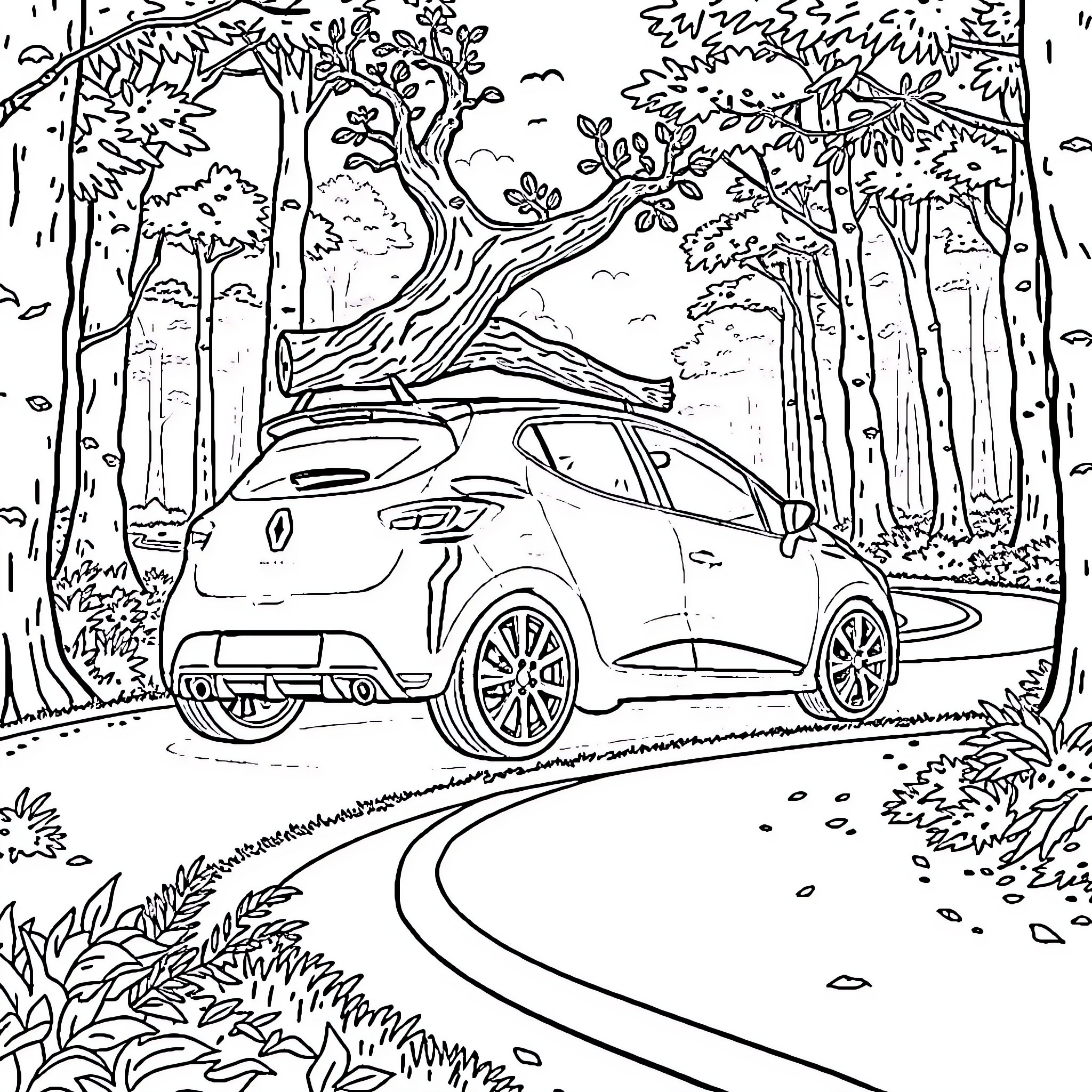 Renault Clio in a scenic forest landscape Coloring Page (free black-and-white line drawing printable PDF for all, from beginners to advanced learners, including children, teens, adults, and seniors)