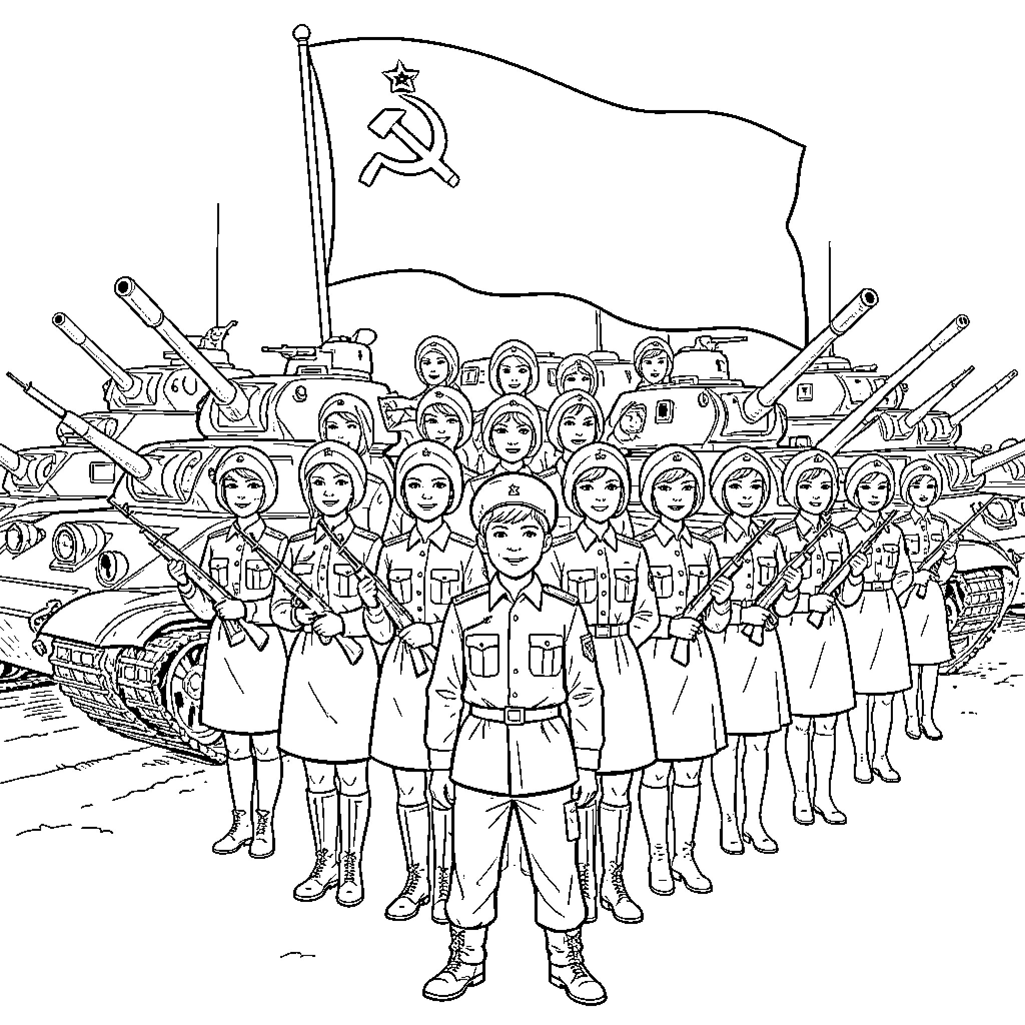 Teenager soldiers united in military formation Coloring Page (free black-and-white line drawing printable PDF for all, from beginners to advanced learners, including children, teens, adults, and seniors)