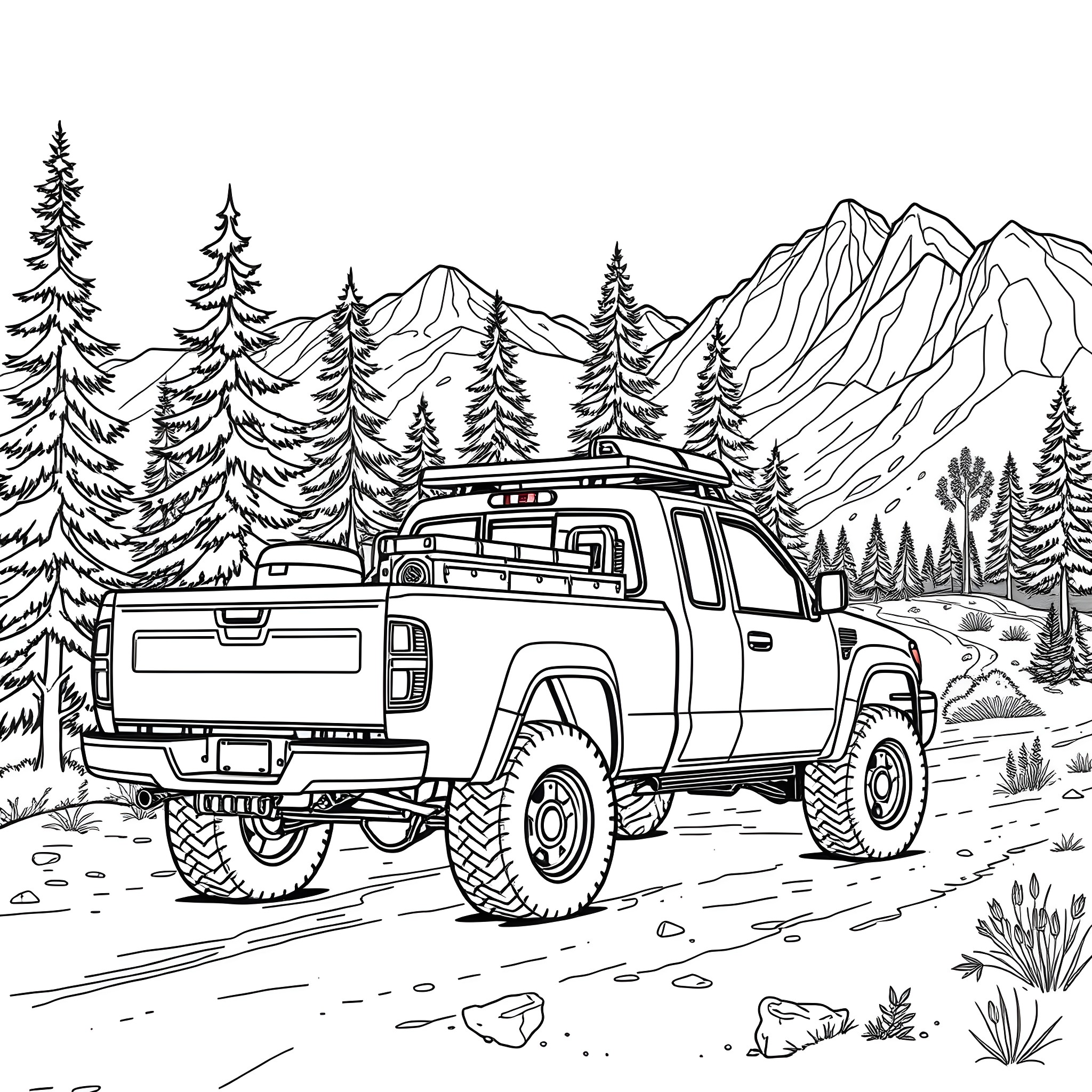 Pick Up Truck Navigates Rugged Mountainous Terrain Coloring Page (free black-and-white line drawing printable PDF for all, from beginners to advanced learners, including children, teens, adults, and seniors)