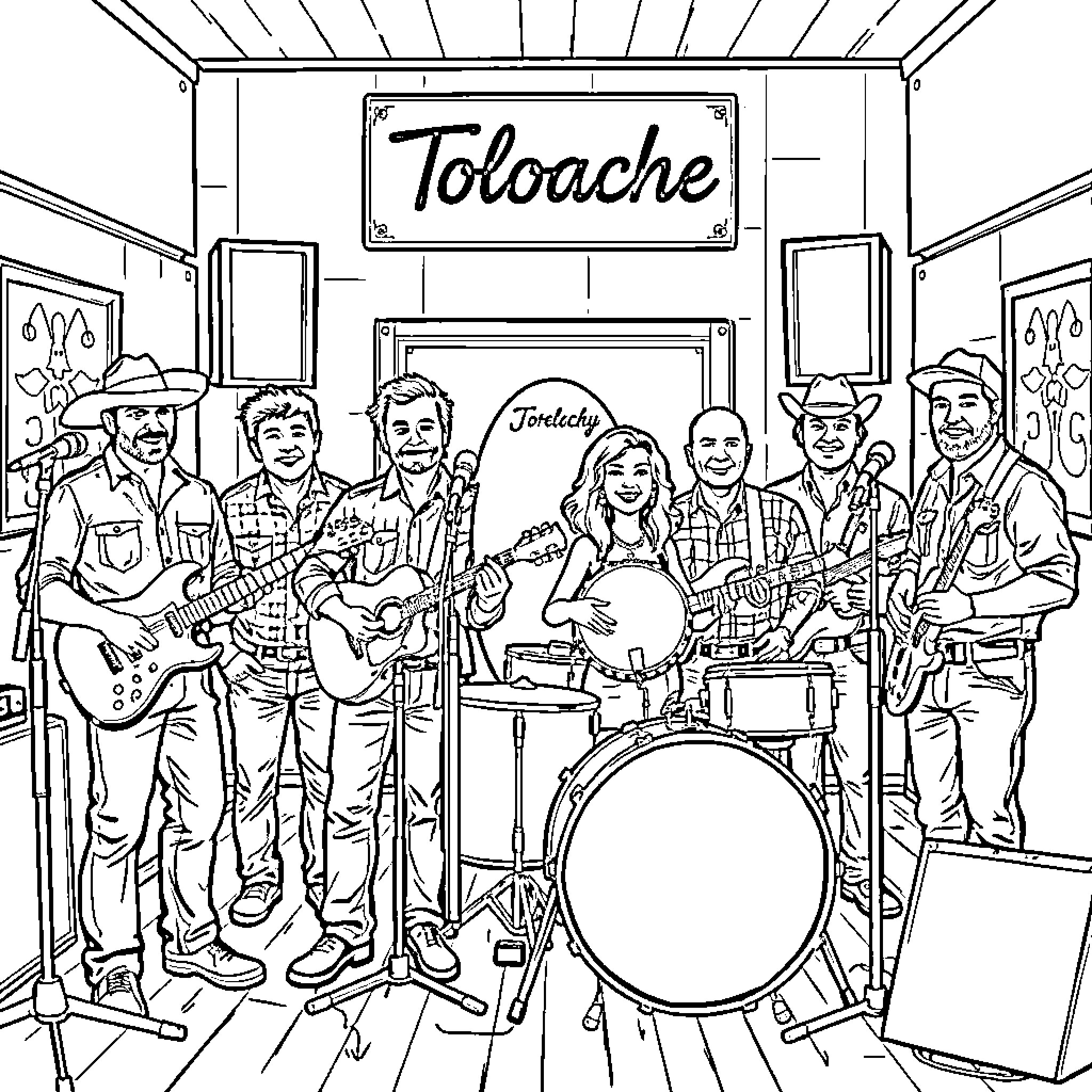 Band performing on stage at Toloache Coloring Page (free black-and-white line drawing printable PDF for all, from beginners to advanced learners, including children, teens, adults, and seniors)