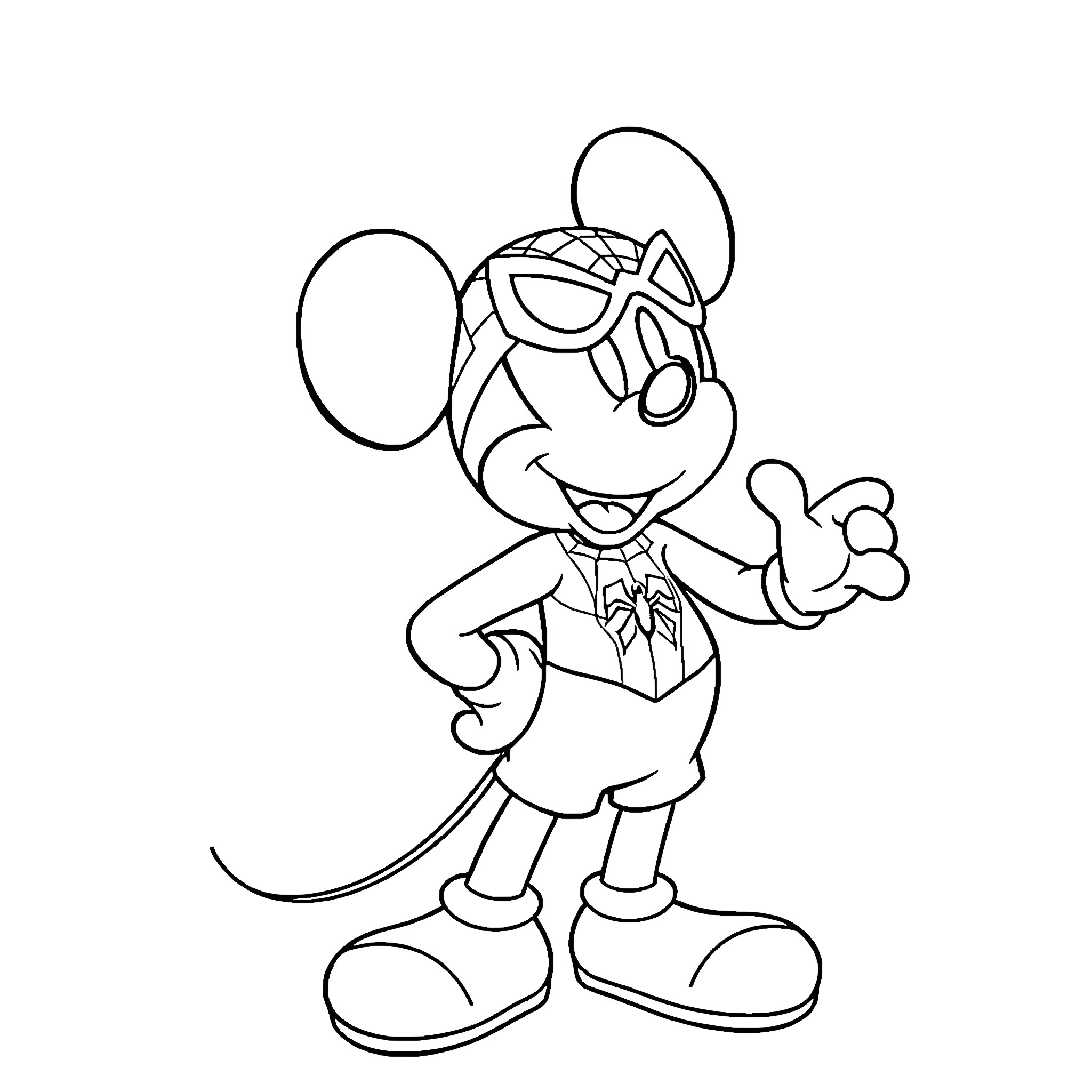 Mickey in a playful and comical outfit Coloring Page (free black-and-white line drawing printable PDF for all, from beginners to advanced learners, including children, teens, adults, and seniors)