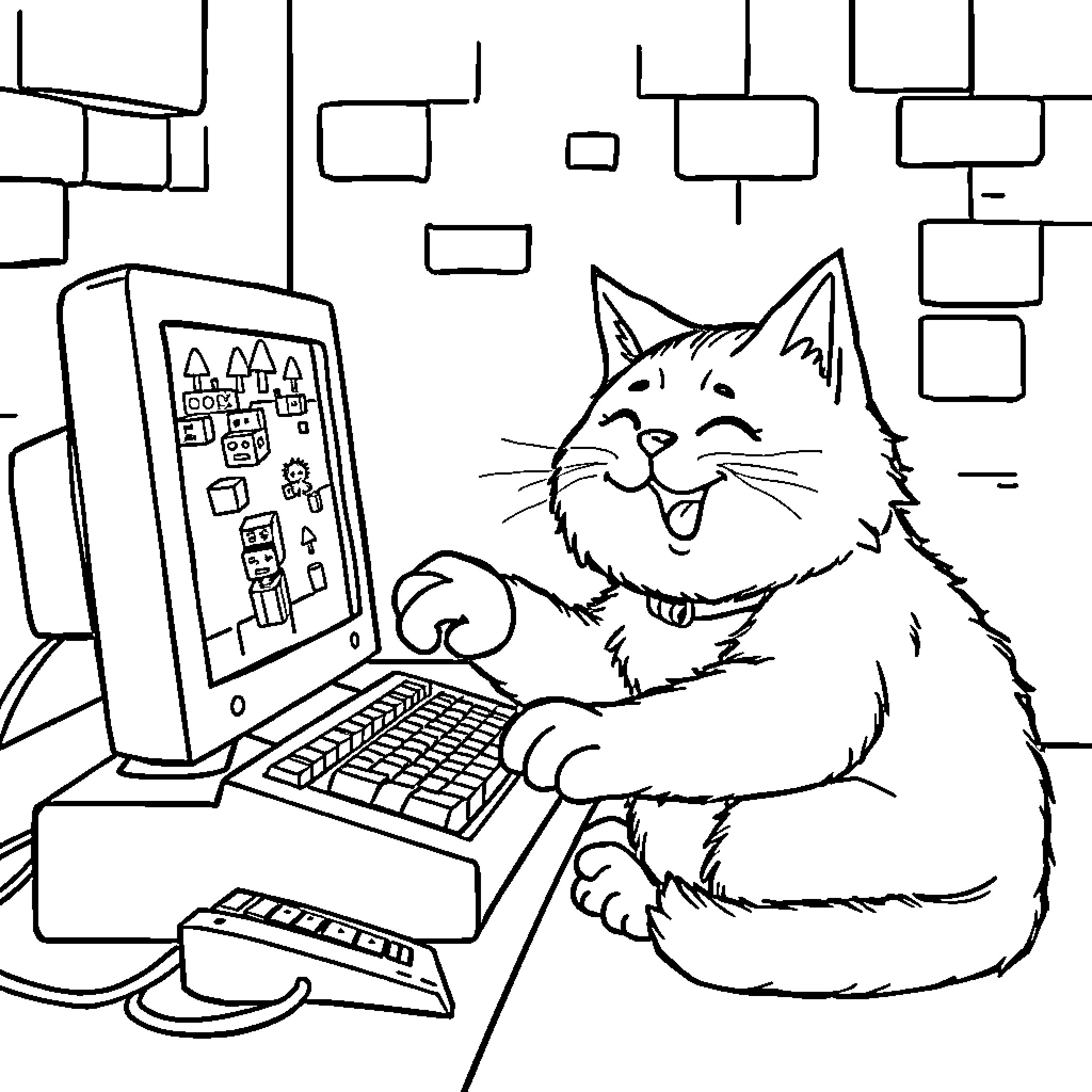 Cat Playing with Computer Coloring Page (free black-and-white line drawing printable PDF for all, from beginners to advanced learners, including children, teens, adults, and seniors)