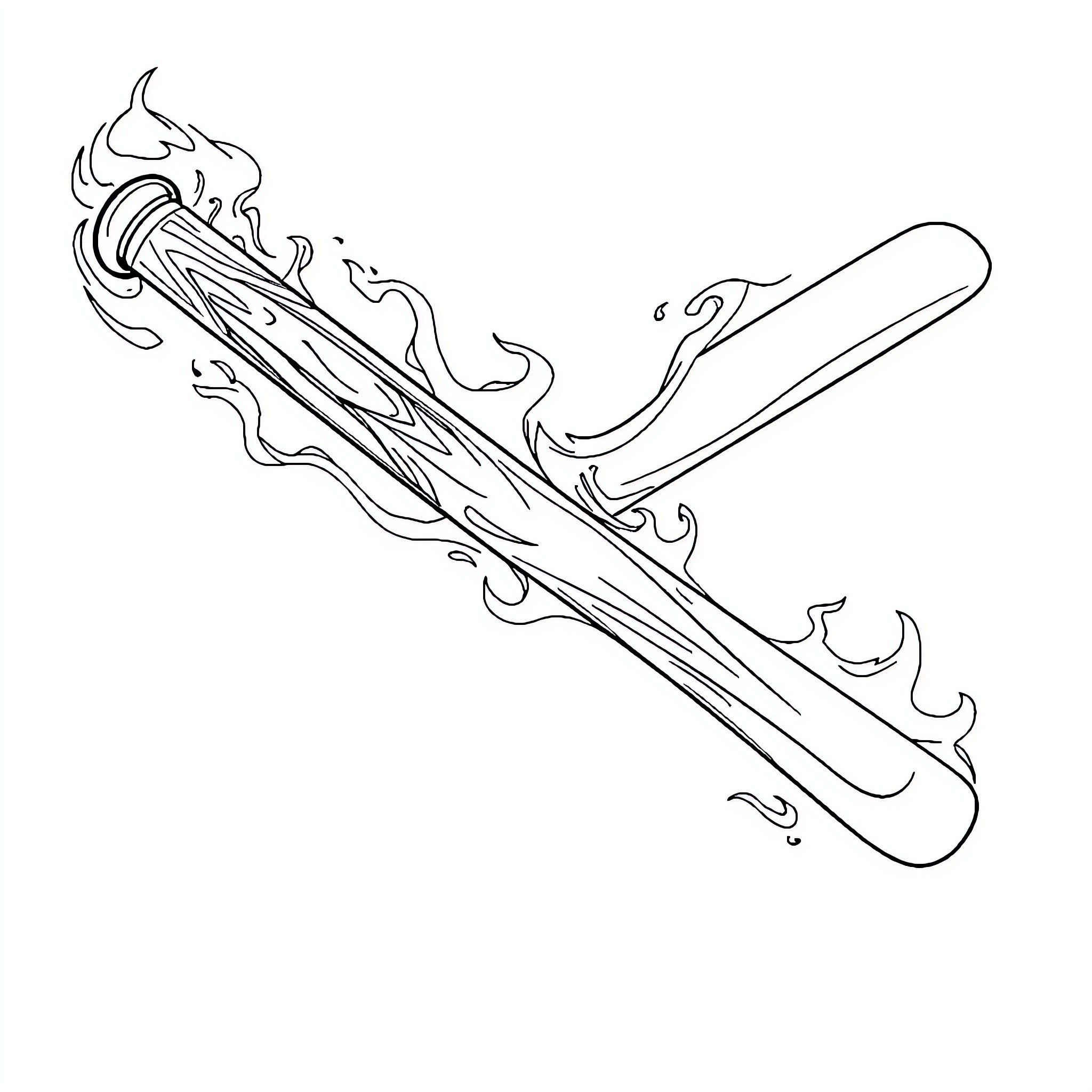 Baseball Bat with Fiery Flames Coloring Page (free black-and-white line drawing printable PDF for all, from beginners to advanced learners, including children, teens, adults, and seniors)
