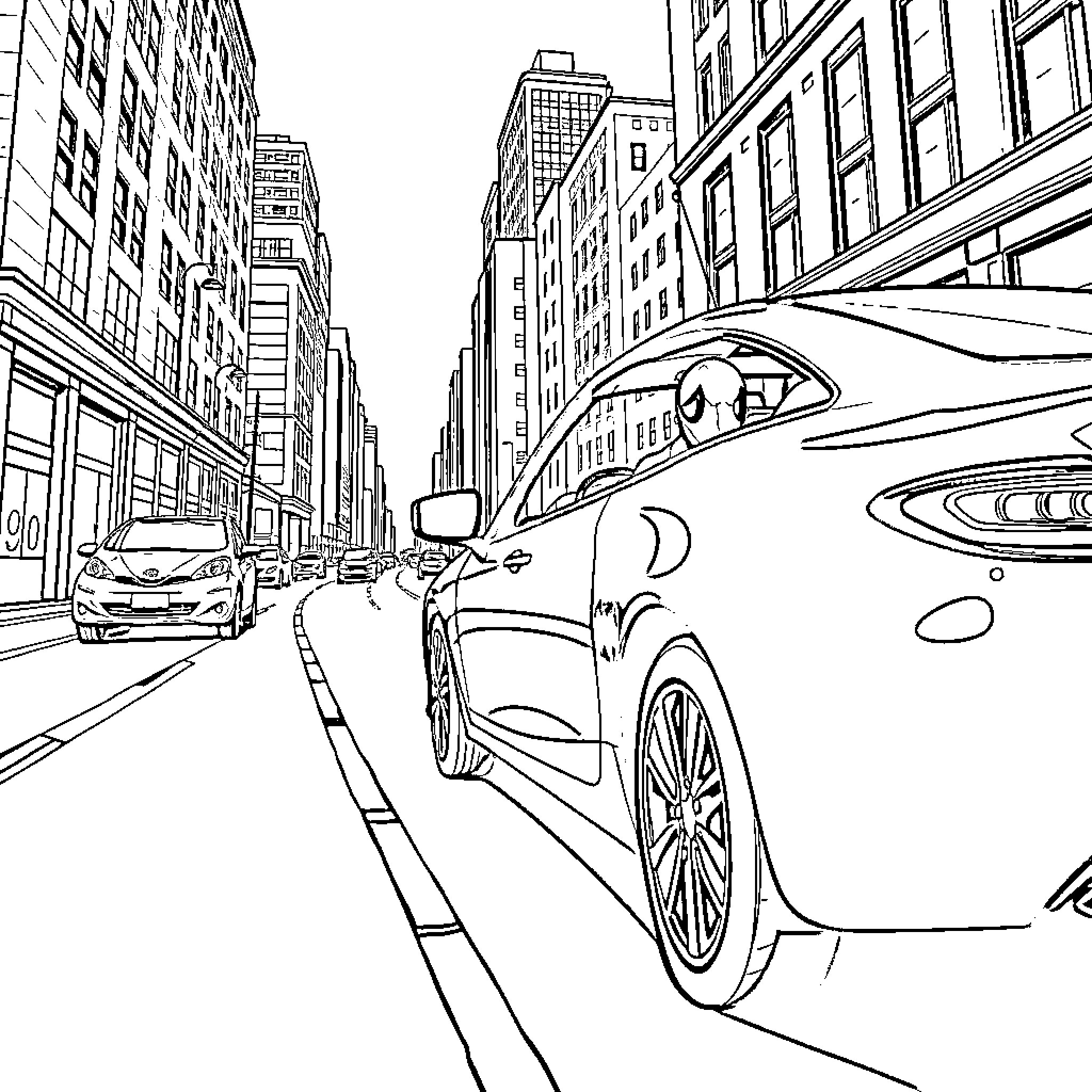 Spiderman's web-slinging adventure in the city Coloring Page (free black-and-white line drawing printable PDF for all, from beginners to advanced learners, including children, teens, adults, and seniors)