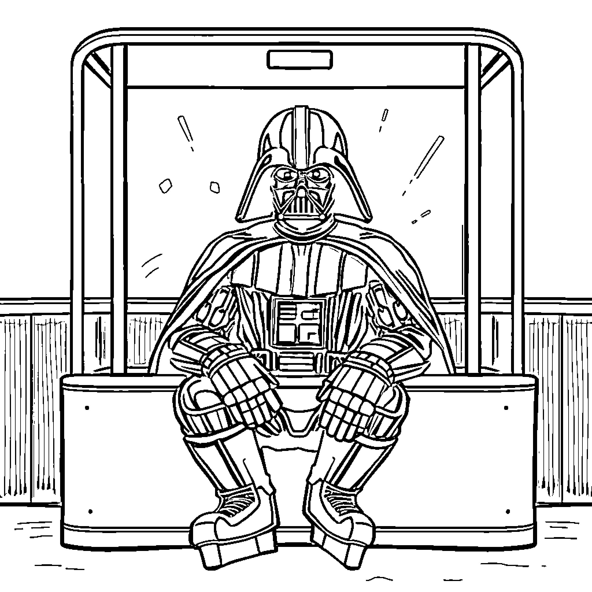 Darth Vader sitting in a chair Coloring Page (free black-and-white line drawing printable PDF for all, from beginners to advanced learners, including children, teens, adults, and seniors)