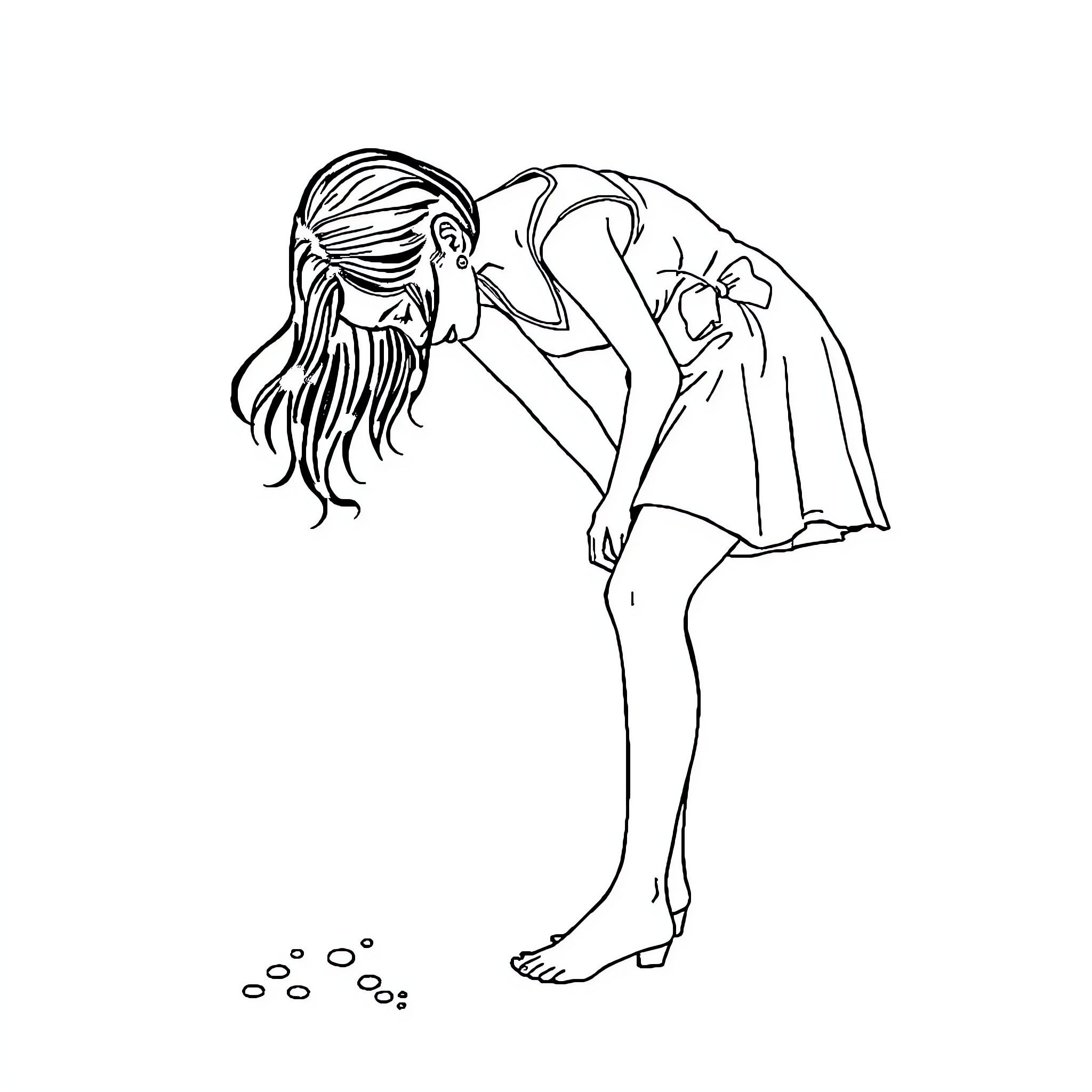 Woman sitting alone in contemplation Coloring Page (free black-and-white line drawing printable PDF for all, from beginners to advanced learners, including children, teens, adults, and seniors)