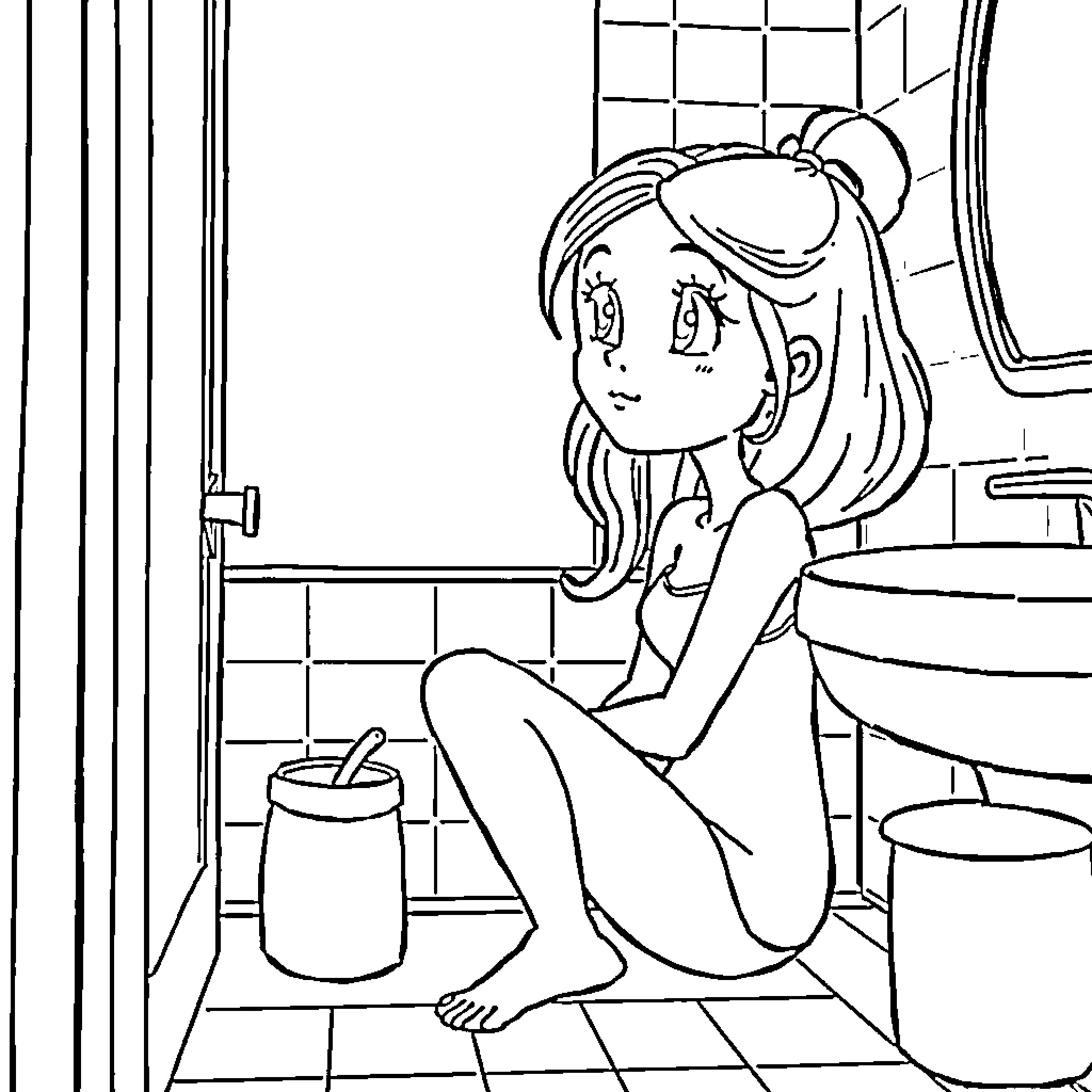 Gabby enjoying a quiet moment in her home Coloring Page (free black-and-white line drawing printable PDF for all, from beginners to advanced learners, including children, teens, adults, and seniors)