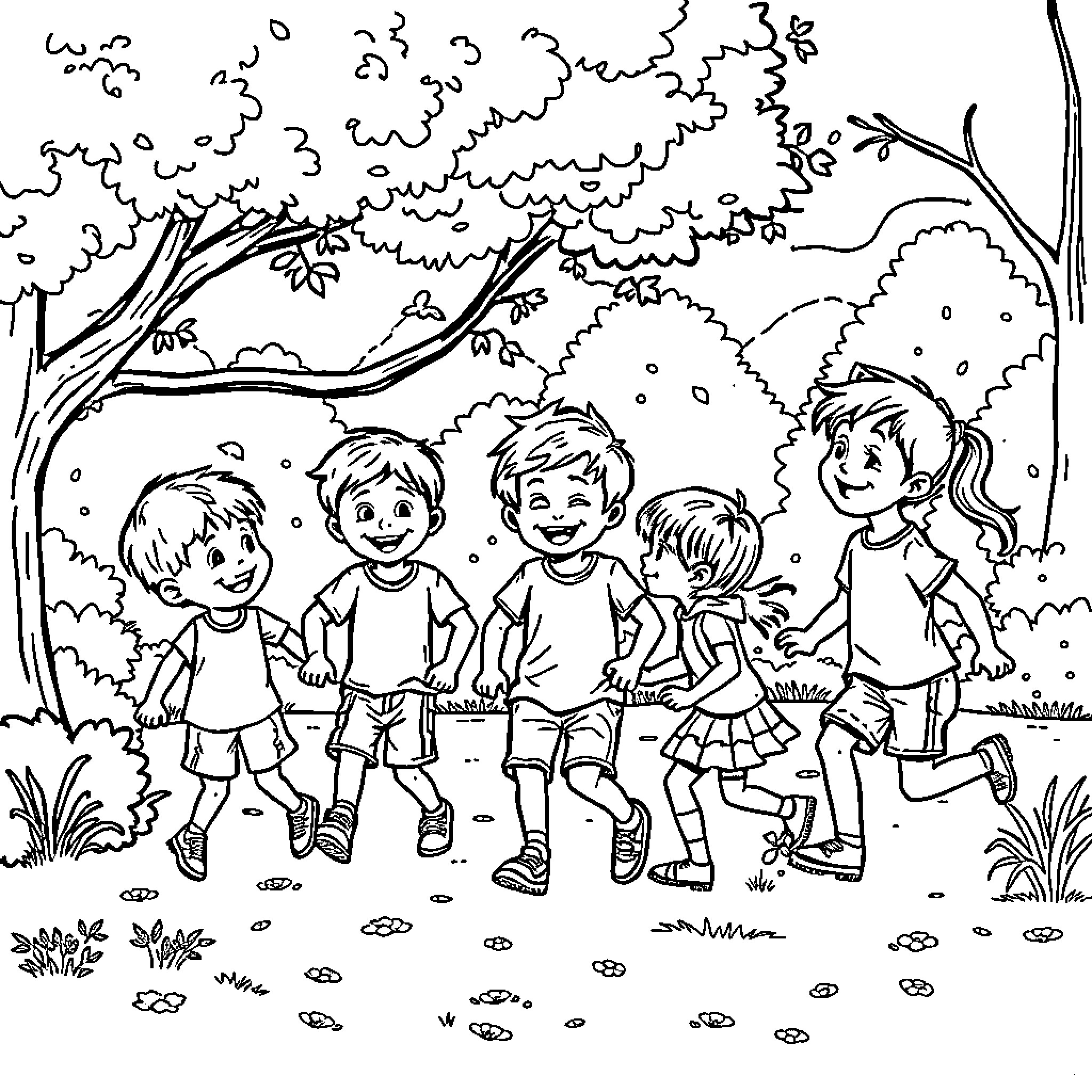 Kid friends enjoying a fun day outdoors Coloring Page (free black-and-white line drawing printable PDF for all, from beginners to advanced learners, including children, teens, adults, and seniors)