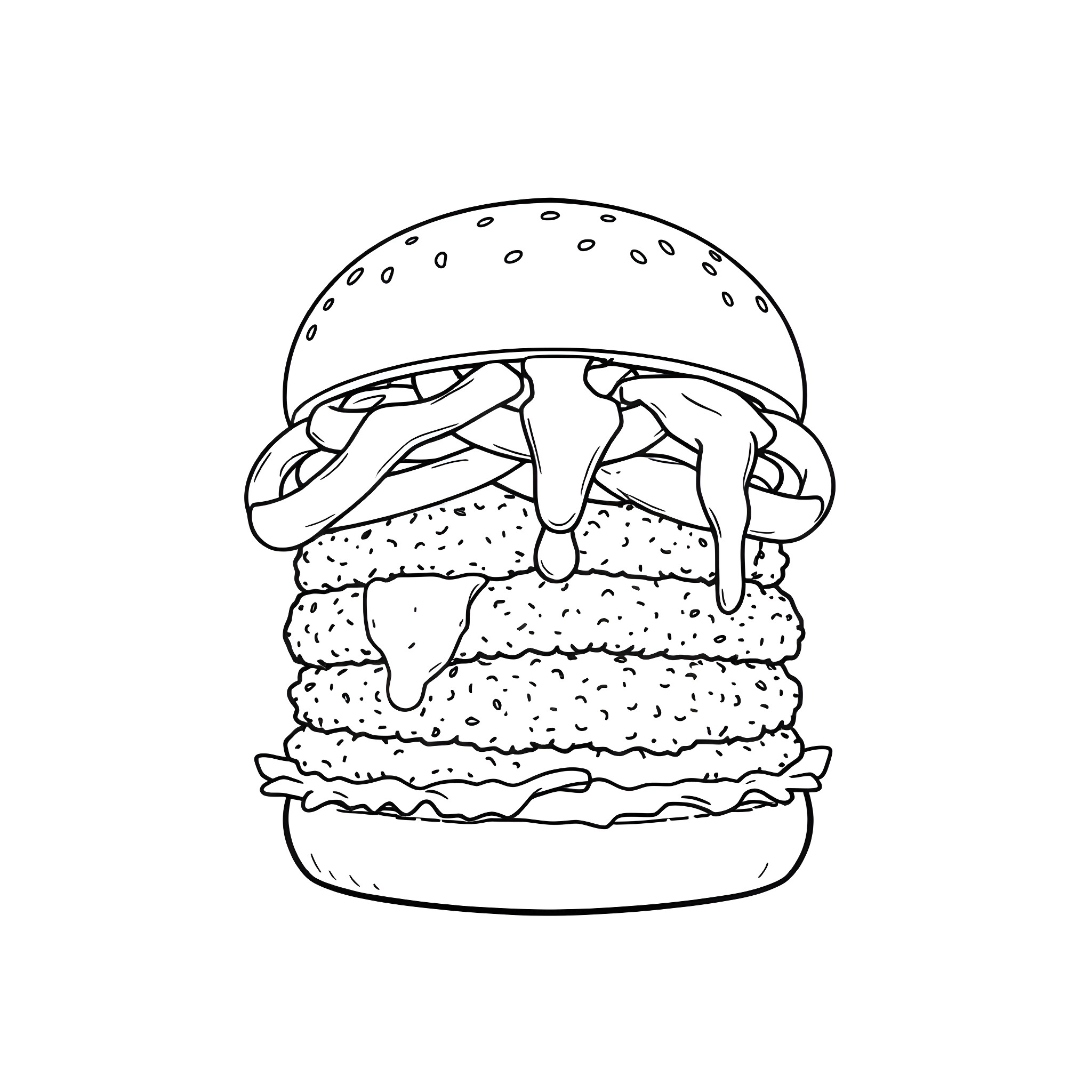 Burger with quirky cartoon toppings Coloring Page (free black-and-white line drawing printable PDF for all, from beginners to advanced learners, including children, teens, adults, and seniors)