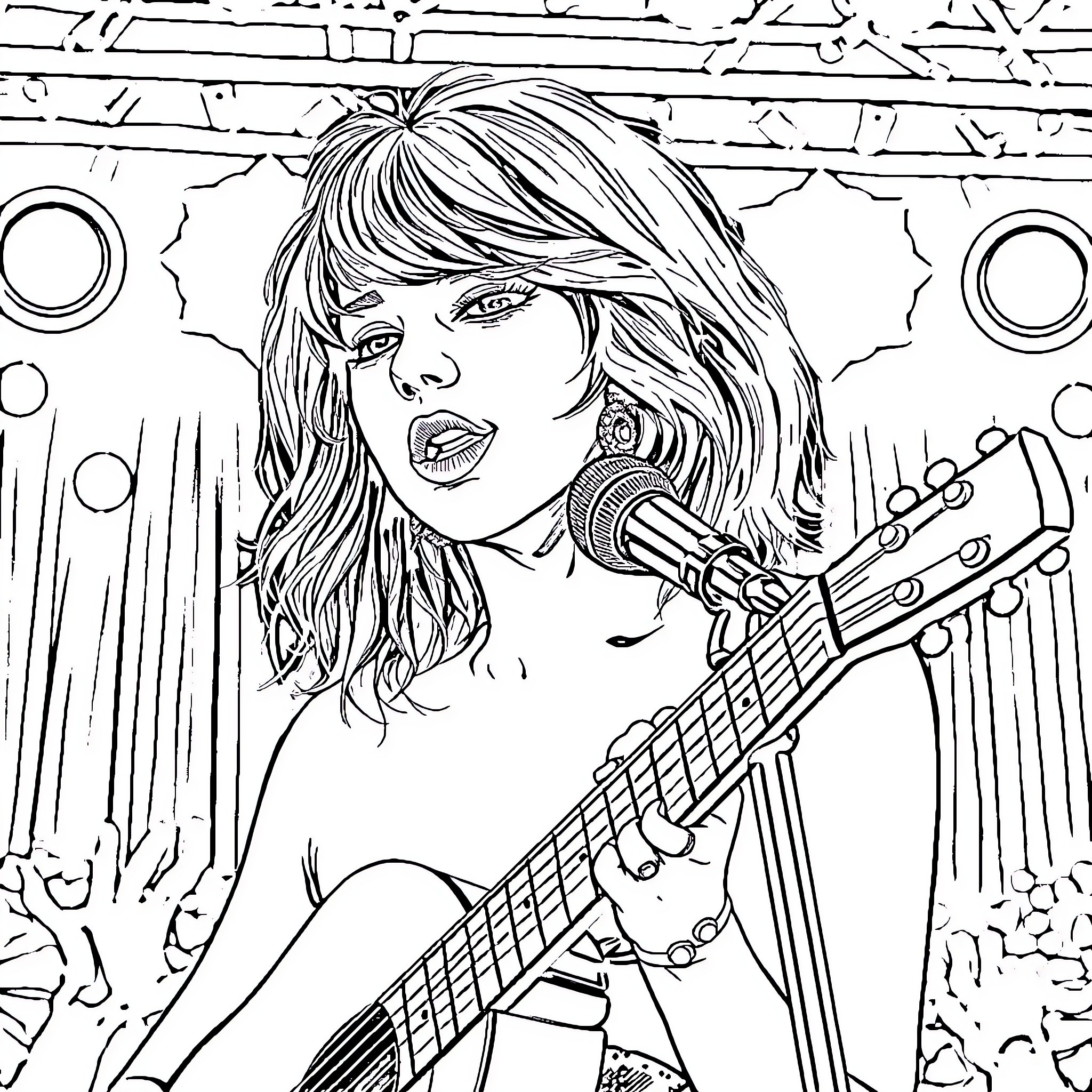Taylor Swift singing passionately on stage Coloring Page (free black-and-white line drawing printable PDF for all, from beginners to advanced learners, including children, teens, adults, and seniors)