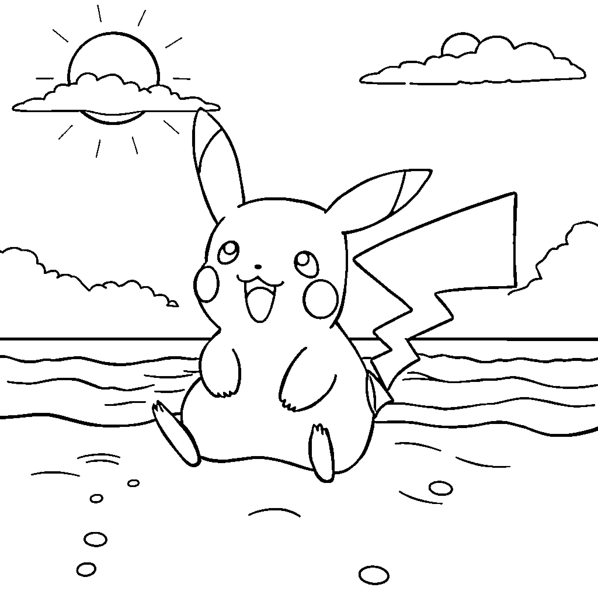 Pikachu playing by the beach Coloring Page (free black-and-white line drawing printable PDF for all, from beginners to advanced learners, including children, teens, adults, and seniors)