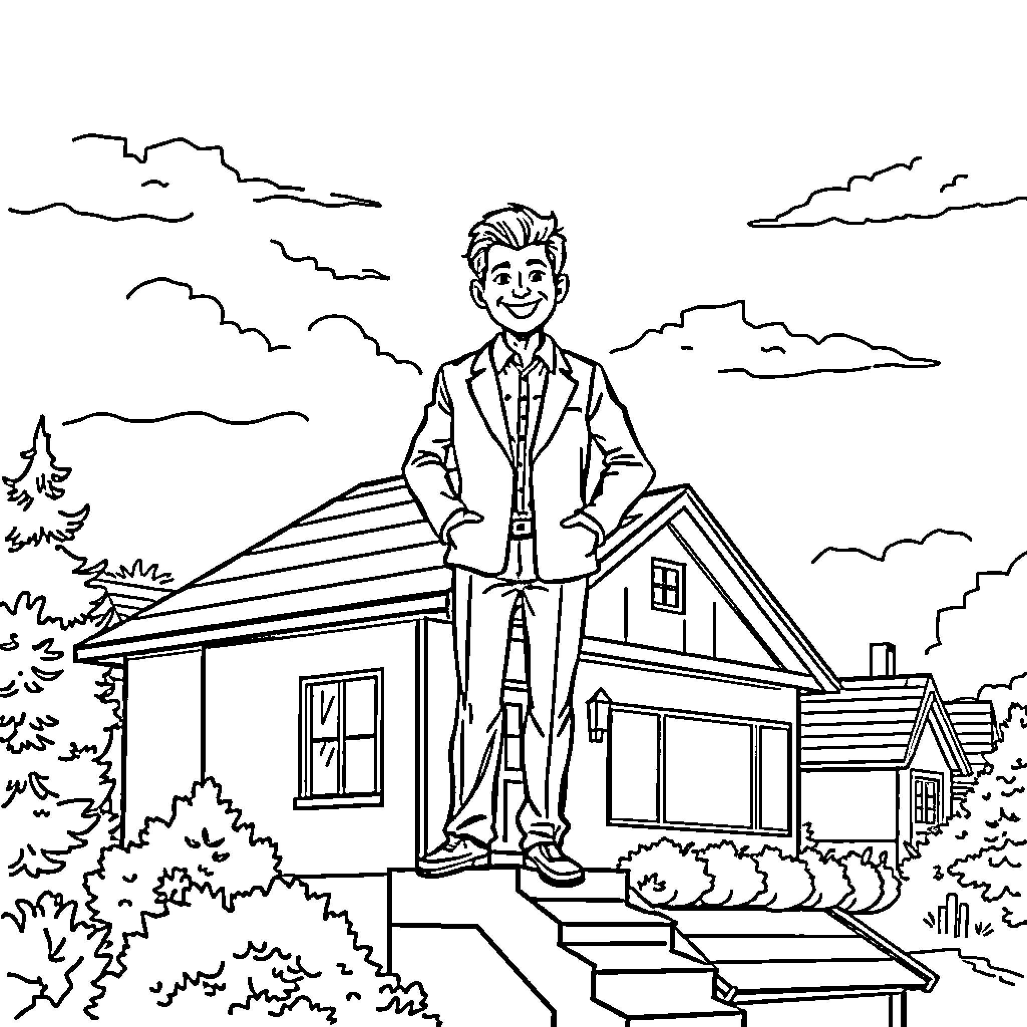 Realtor posing confidently in front of a home Coloring Page (free black-and-white line drawing printable PDF for all, from beginners to advanced learners, including children, teens, adults, and seniors)